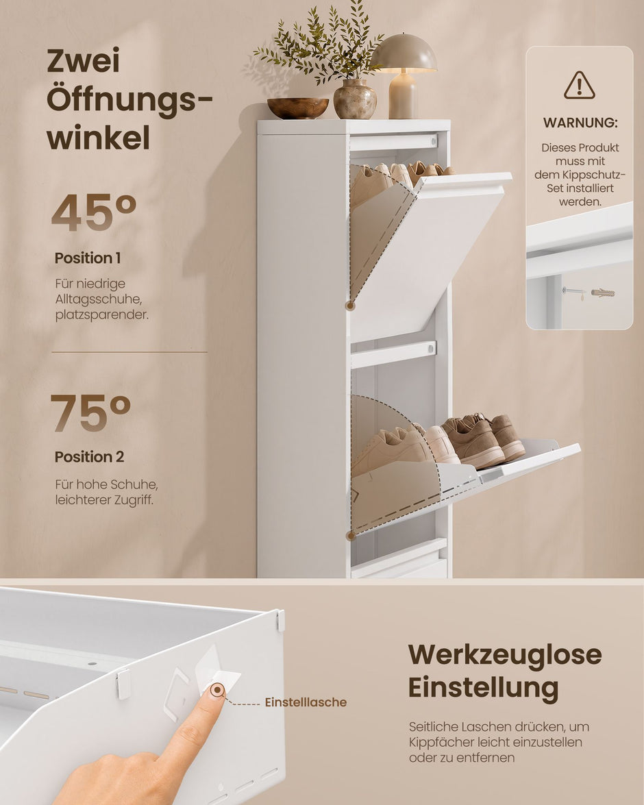 Schoenenkast – Smal – 3 Kantelbare Vakken – Staal – Magneetsluiting – Mat Wit