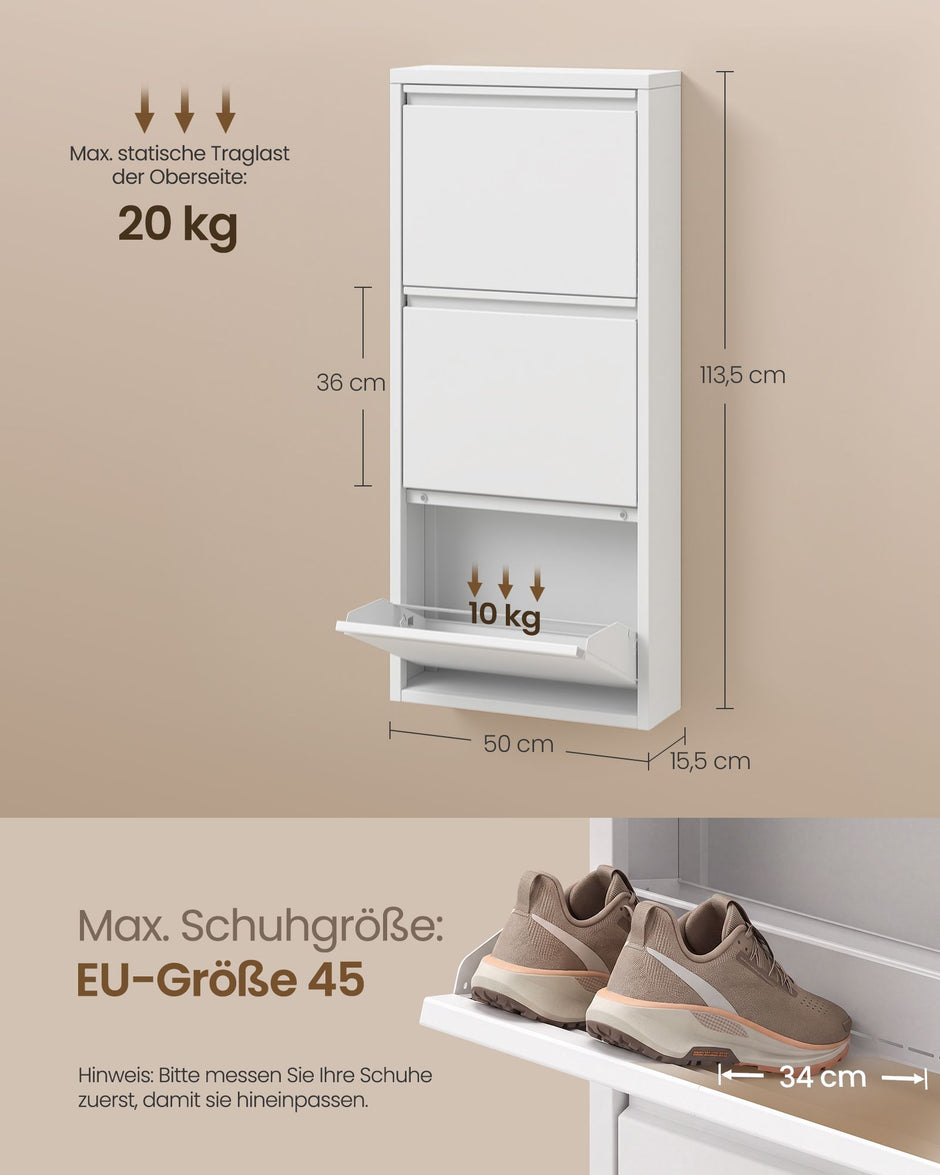 Schoenenkast – Smal – 3 Kantelbare Vakken – Staal – Magneetsluiting – Mat Wit