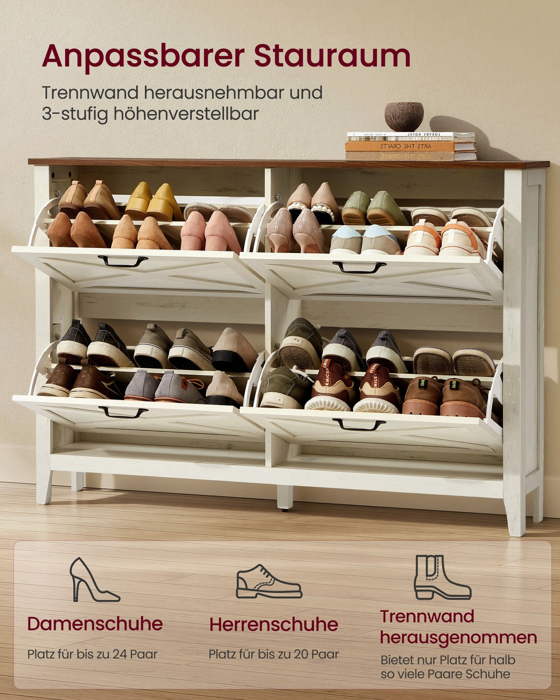 Schoenenkast - 24 x 127 x 86,8 cm - 4 deuren, schoenkantelaar, vrijstaand - vintage wit - voor 20-24 paar schoenen - max. draagkracht tafelblad 45 kg, max. draagkracht plank 10 kg
