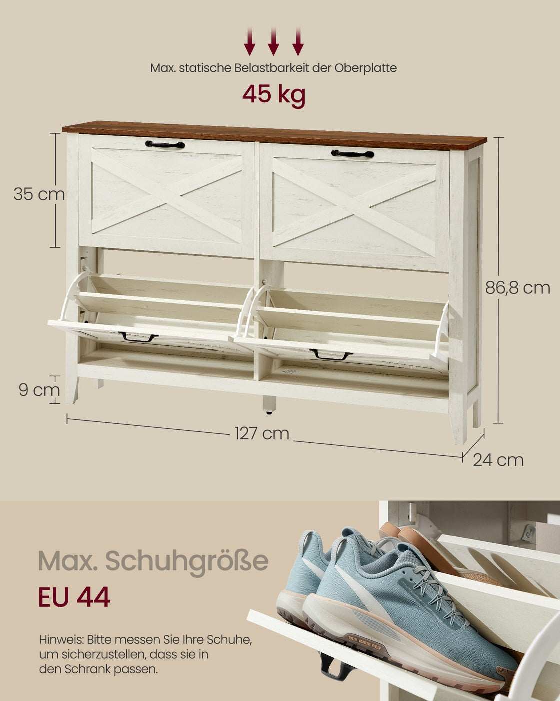 Schoenenkast - 24 x 127 x 86,8 cm - 4 deuren, schoenkantelaar, vrijstaand - vintage wit - voor 20-24 paar schoenen - max. draagkracht tafelblad 45 kg, max. draagkracht plank 10 kg