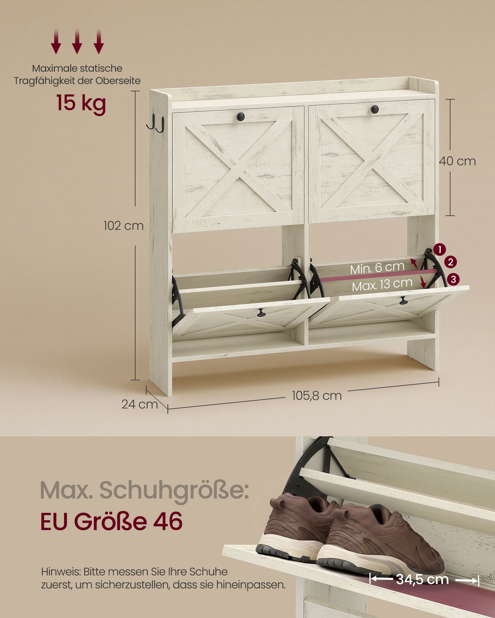 Schoenenkast - Met Klepdeuren - Ruimtebesparend - Rustiek wit - 105,5 x 24 x 101,7 cm
