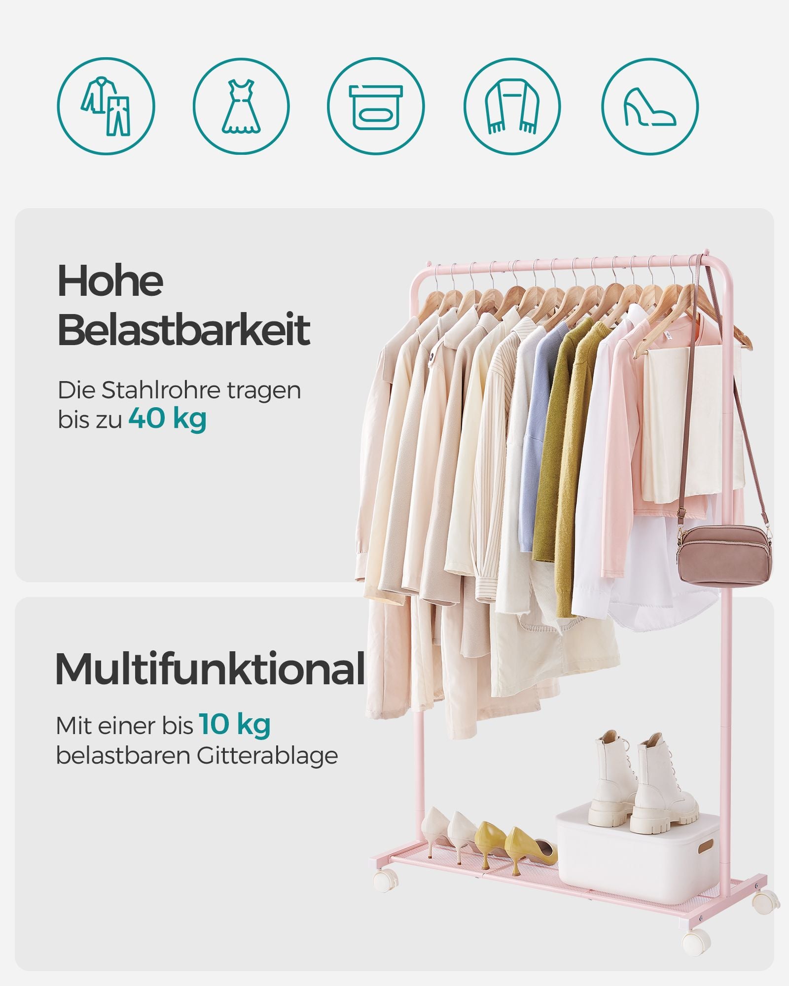 Kleidungsständer 91 cm breit auf pastellrosa Rädern