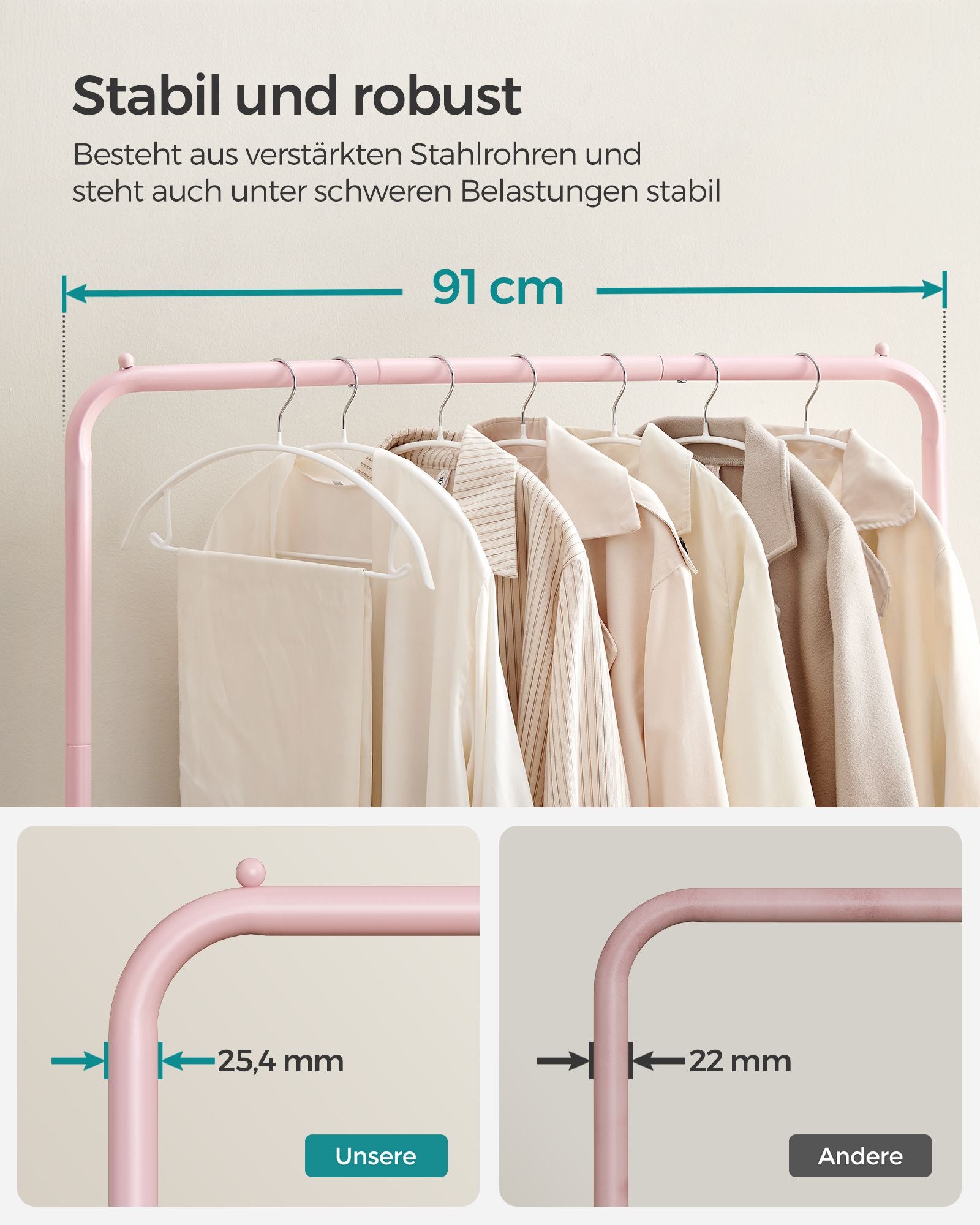 Kleidungsständer 91 cm breit auf pastellrosa Rädern