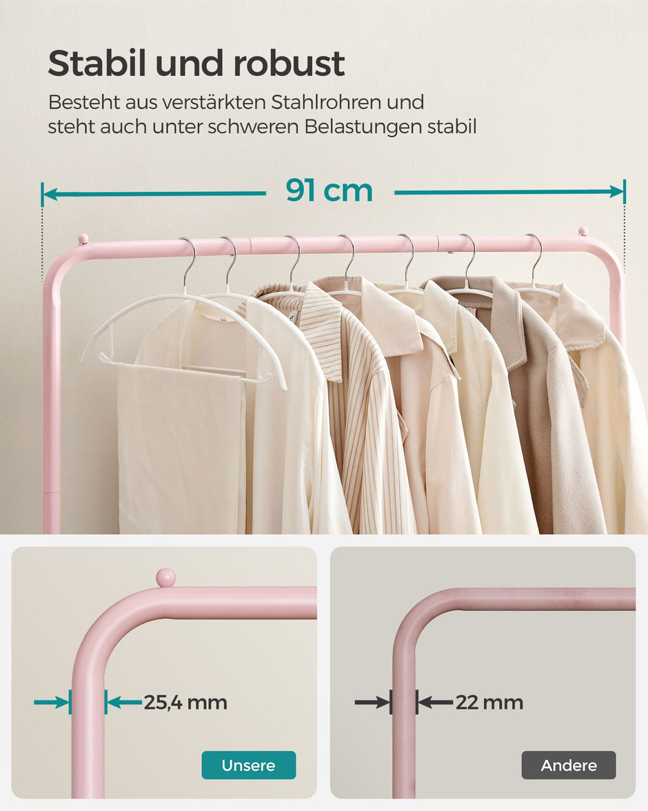 Kleidungsständer 91 cm breit auf pastellrosa Rädern
