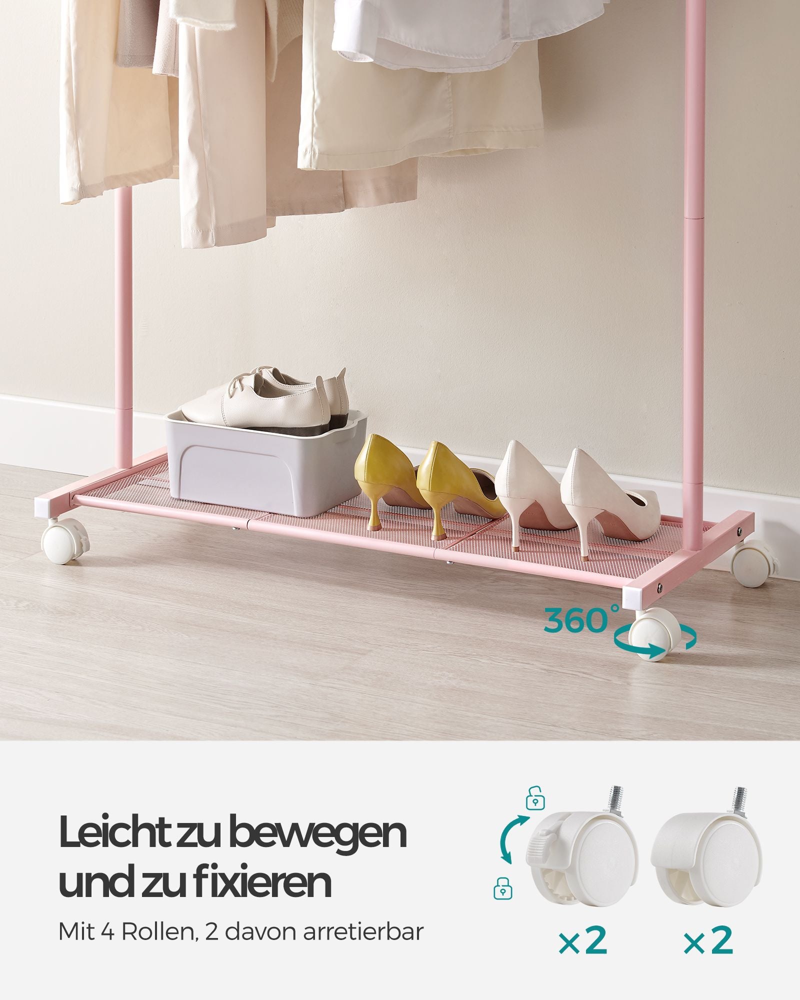 Kleidungsständer 91 cm breit auf pastellrosa Rädern