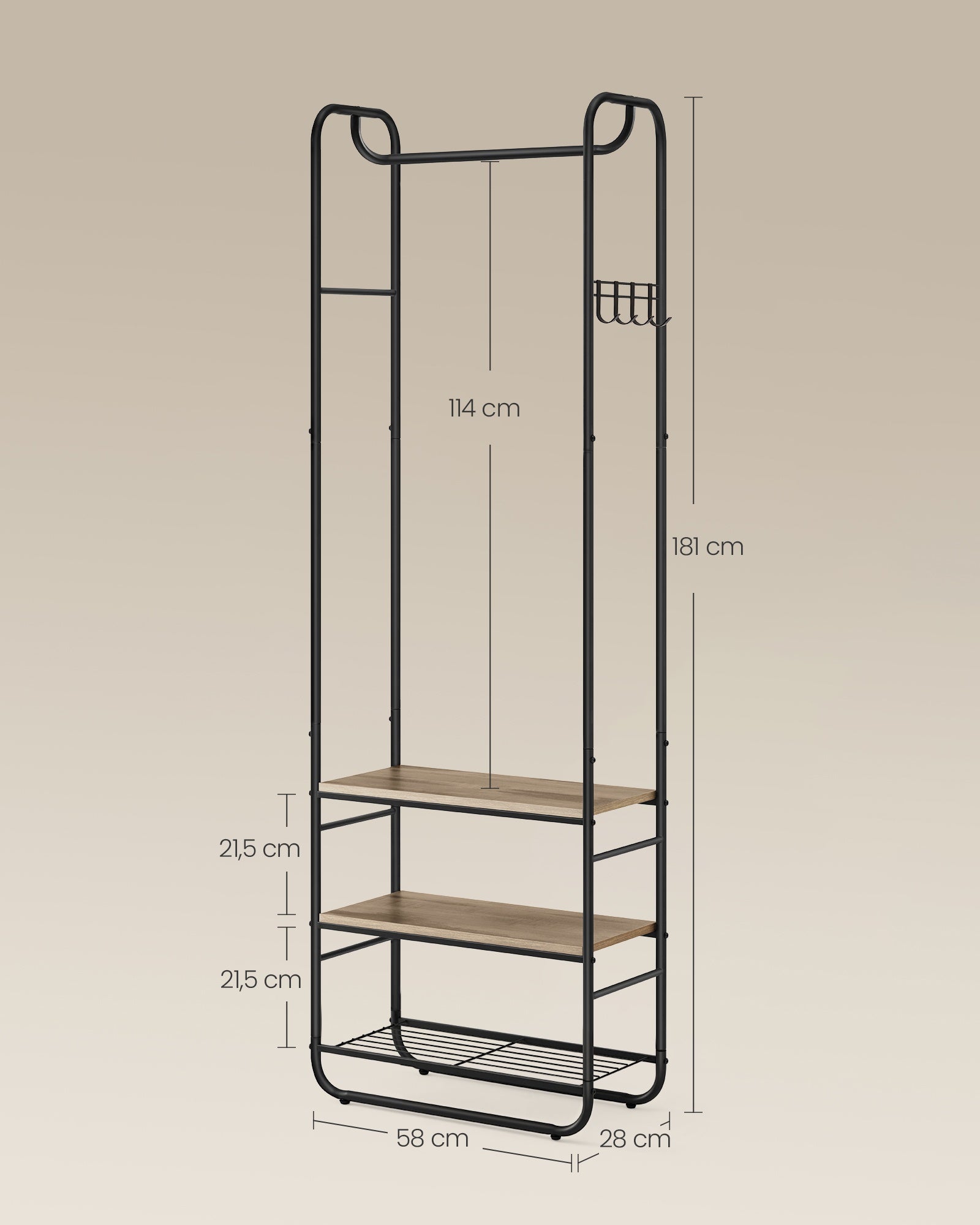 Kapstok - 181 cm - Met Schoenenrek - Scandinavische Stijl - Inktzwart-Camelbruin