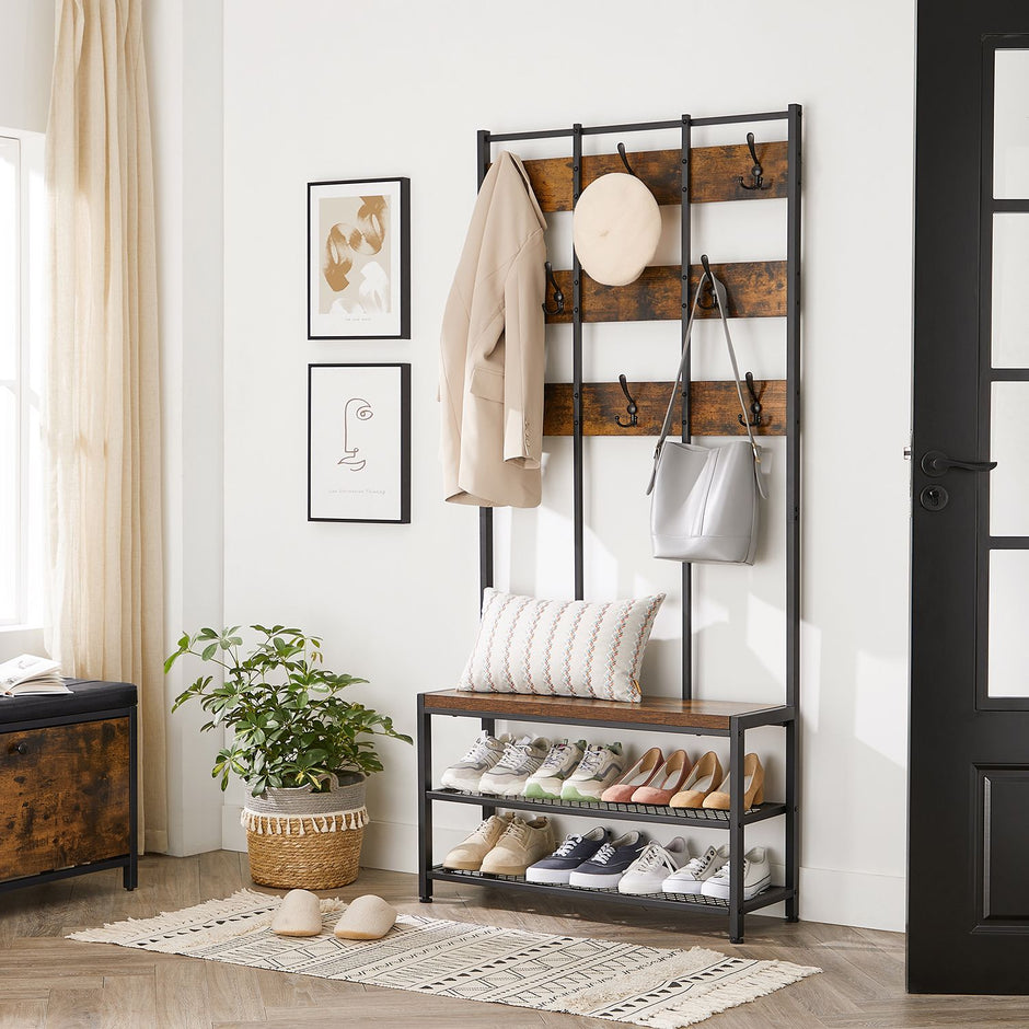 Kleiderschrank - Kleiderregal - mit Bank - Schuhregal - Schwarzbraun