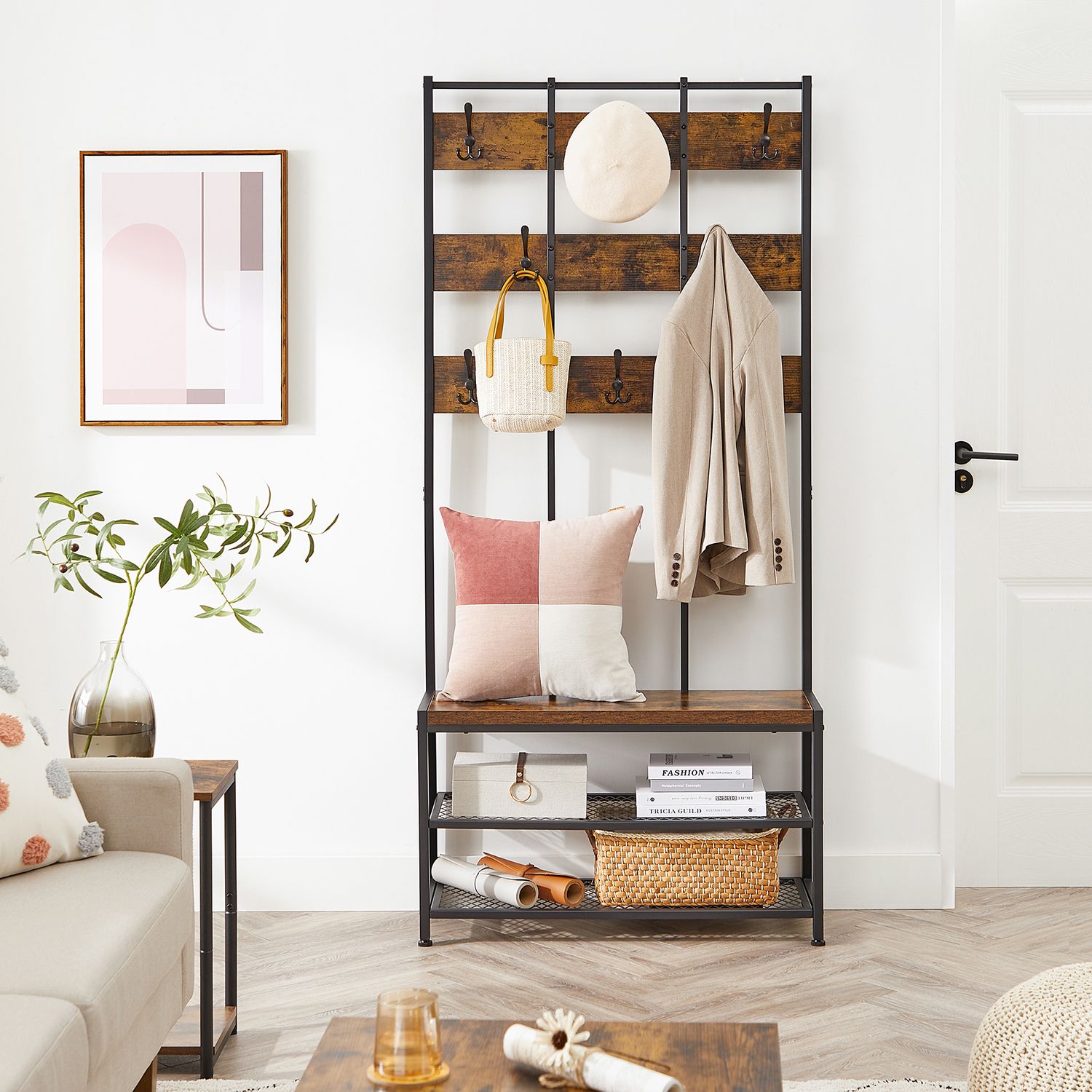 Kleiderschrank - Kleiderregal - mit Bank - Schuhregal - Schwarzbraun