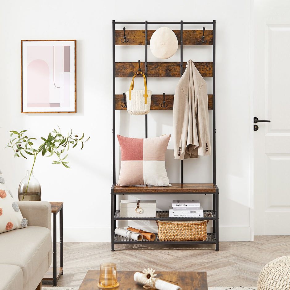 Kleiderschrank - Kleiderregal - mit Bank - Schuhregal - Schwarzbraun