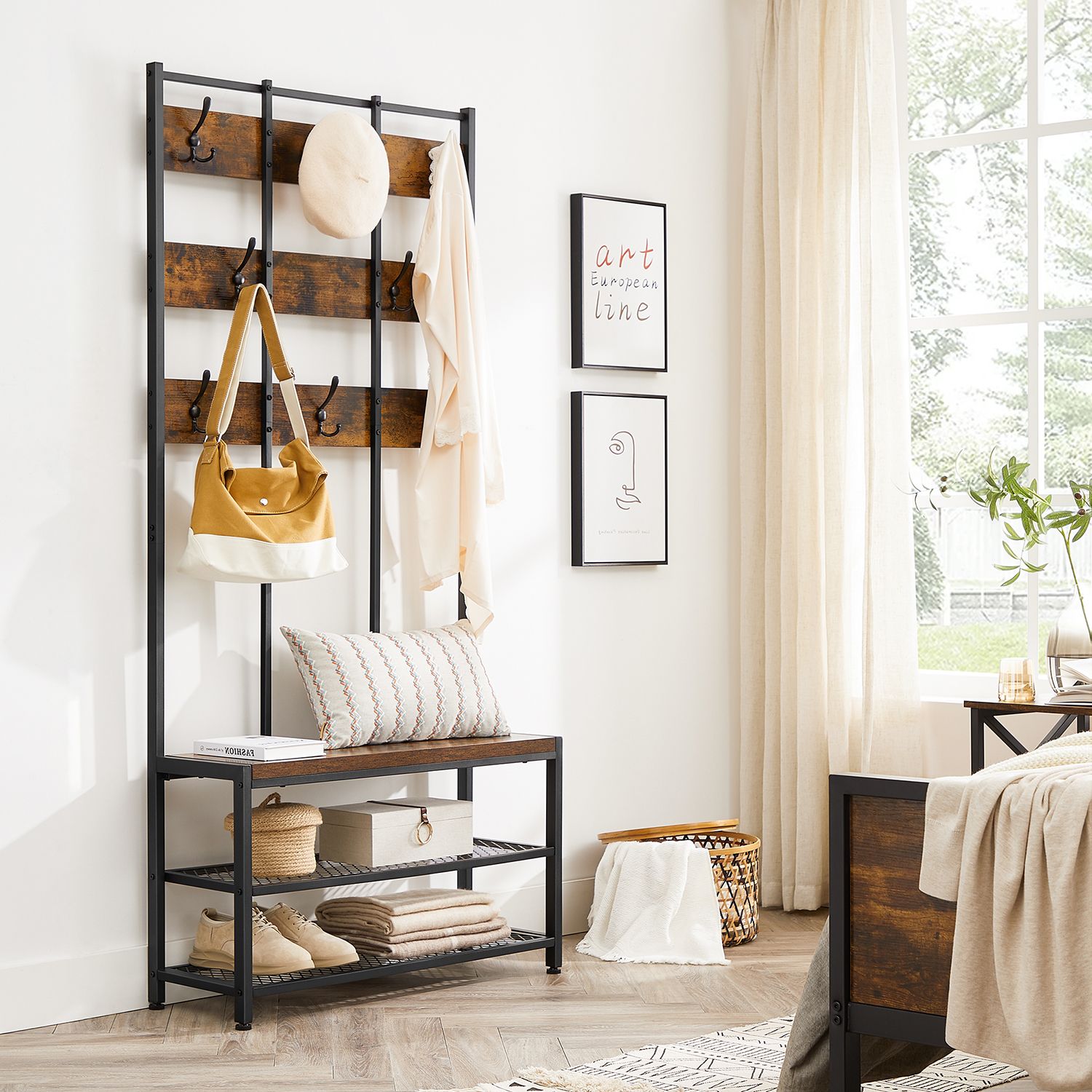 Kleiderschrank - Kleiderregal - mit Bank - Schuhregal - Schwarzbraun