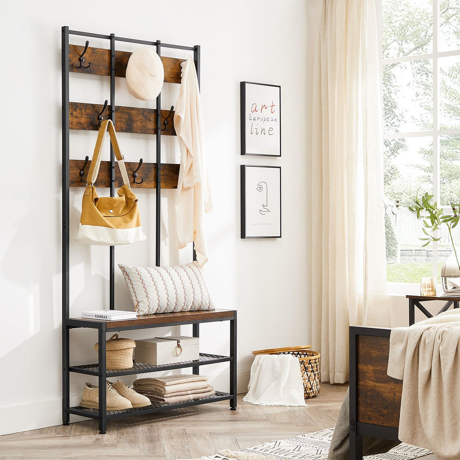 Kleiderschrank - Kleiderregal - mit Bank - Schuhregal - Schwarzbraun