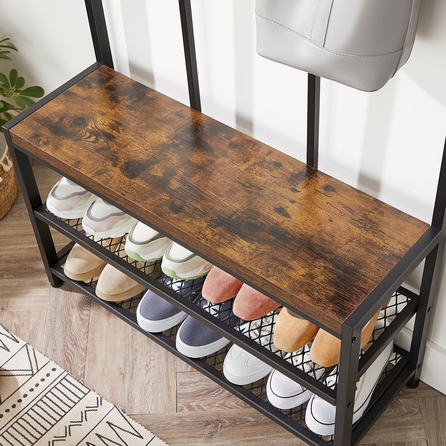 Kleiderschrank - Kleiderregal - mit Bank - Schuhregal - Schwarzbraun