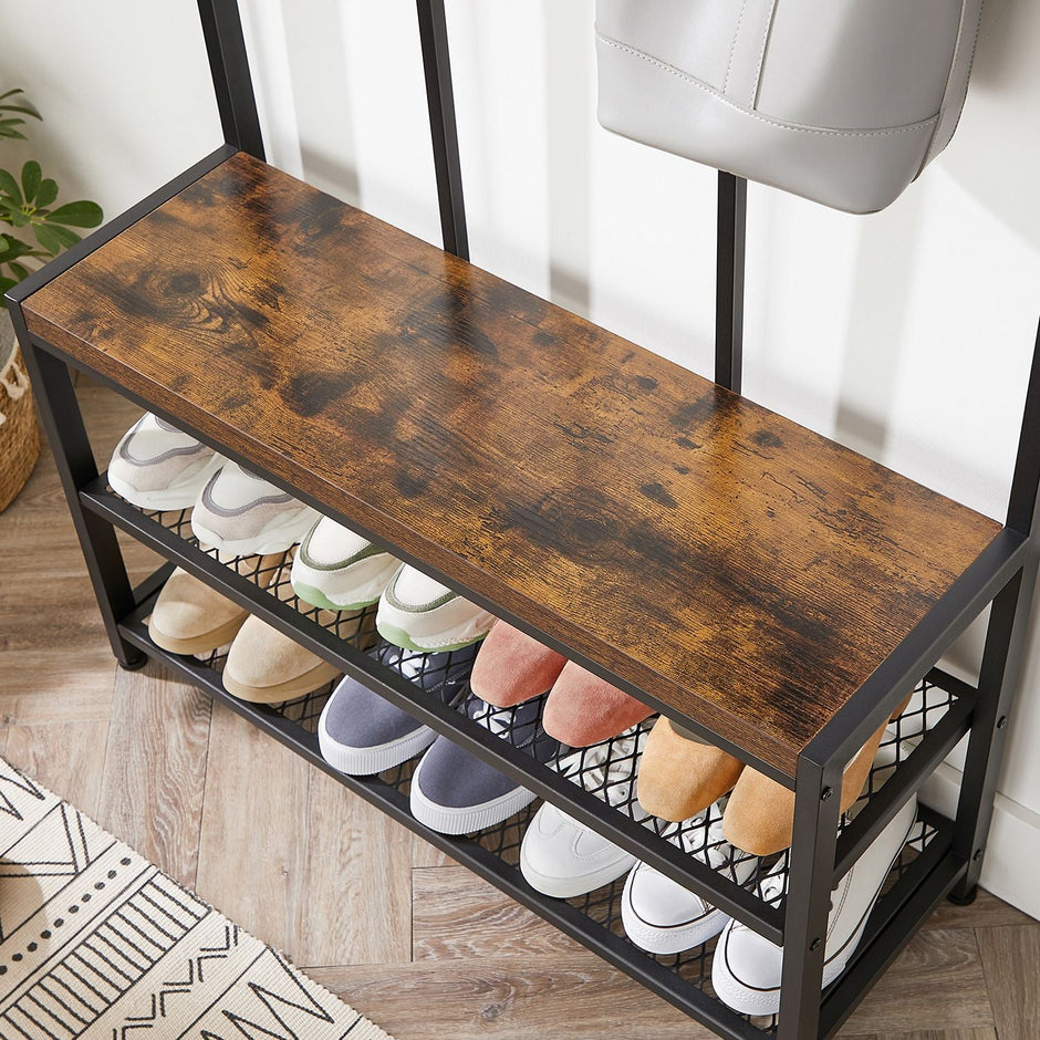Kleiderschrank - Kleiderregal - mit Bank - Schuhregal - Schwarzbraun