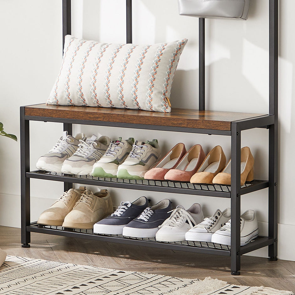 Kleiderschrank - Kleiderregal - mit Bank - Schuhregal - Schwarzbraun