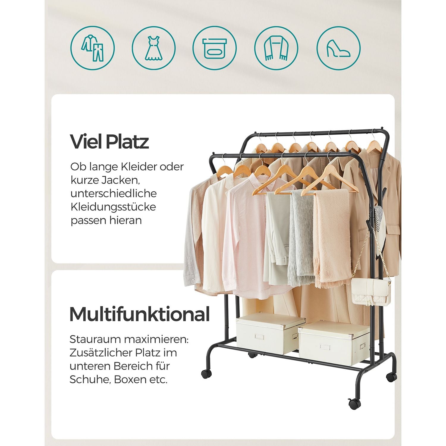 Kleidungsständer - auf Rädern - 2 Kleidungsstangen - schwarz