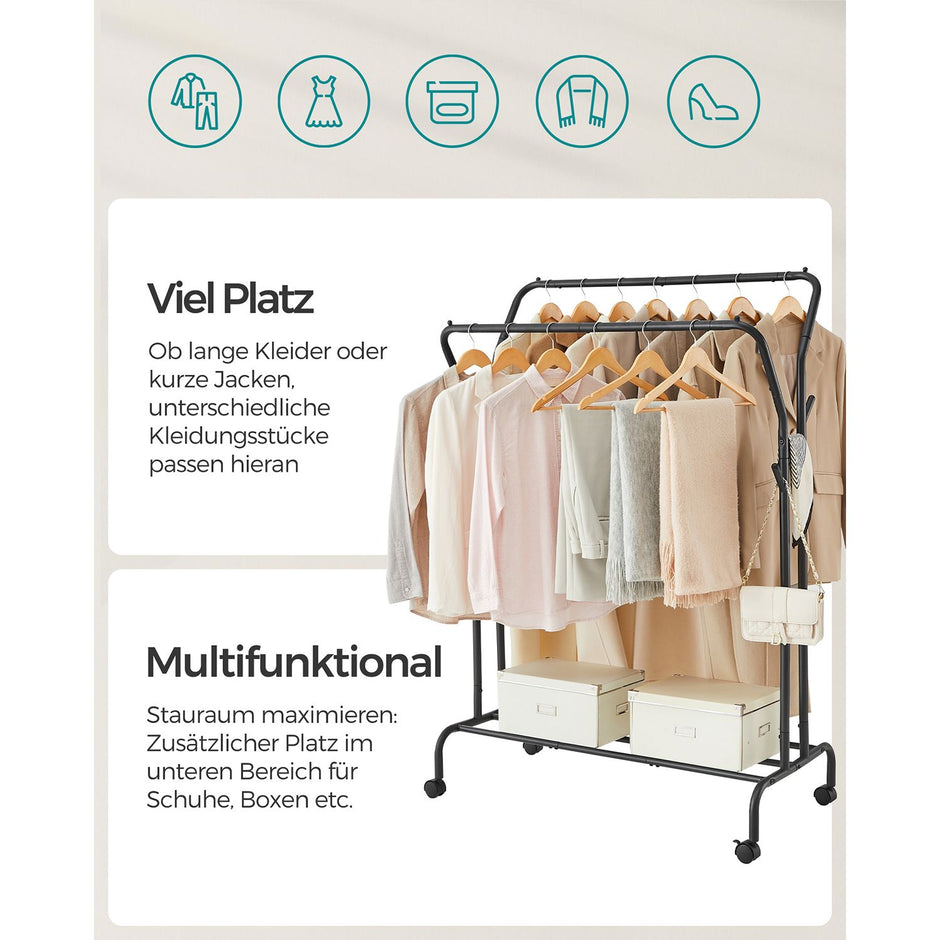 Kleidungsständer - auf Rädern - 2 Kleidungsstangen - schwarz