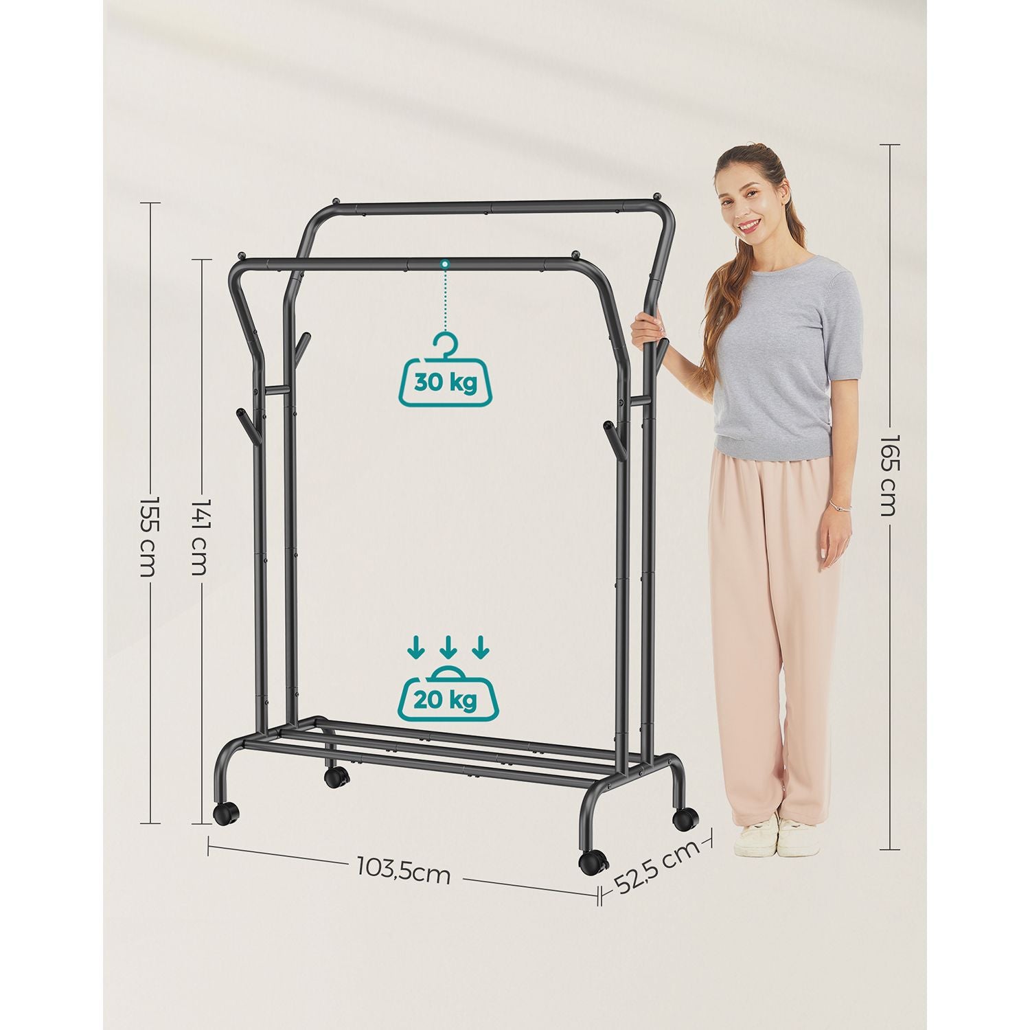 Kleidungsständer - auf Rädern - 2 Kleidungsstangen - schwarz