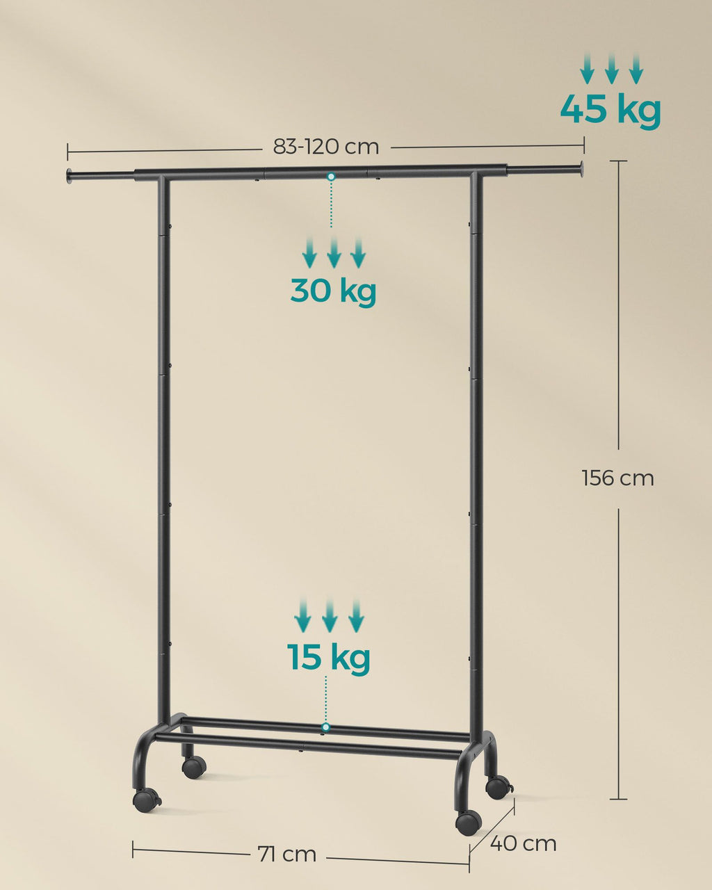 Kleidungsständer auf Rädern mit einer Ladung von bis zu 45 kg, Tinte schwarz