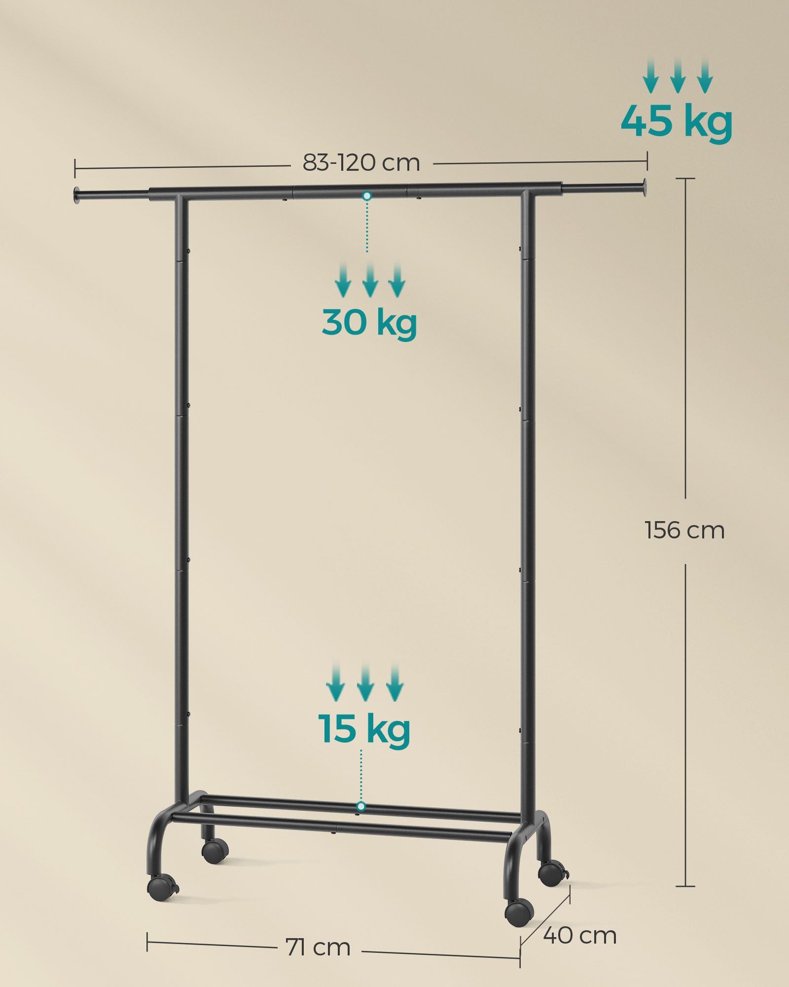 Kleidungsständer auf Rädern mit einer Ladung von bis zu 45 kg, Tinte schwarz
