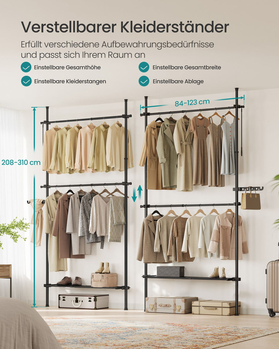 Kleidungsständer - von Boden zu Decke - mit mattem schwarzem Regal