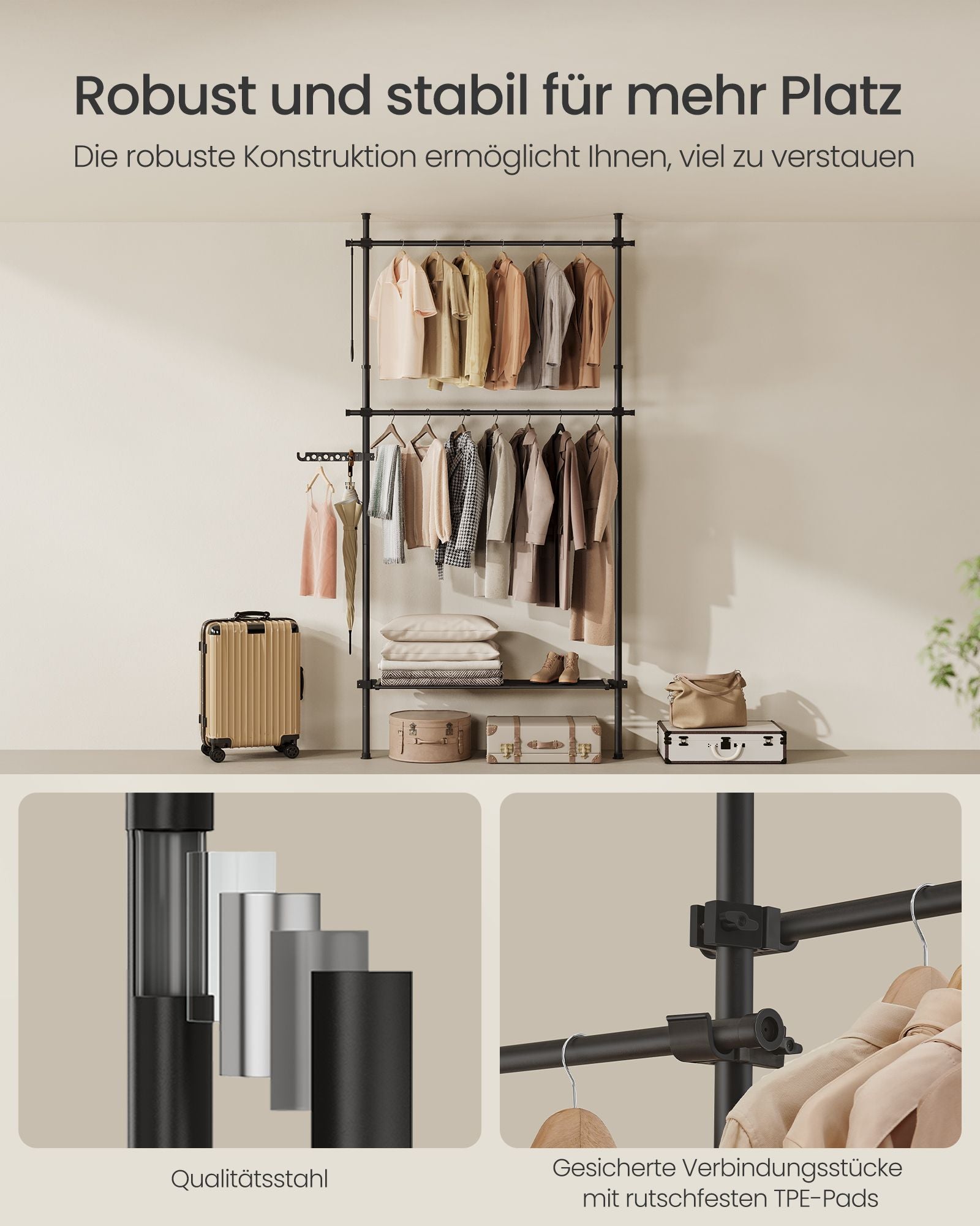 Kleidungsständer - von Boden zu Decke - mit mattem schwarzem Regal