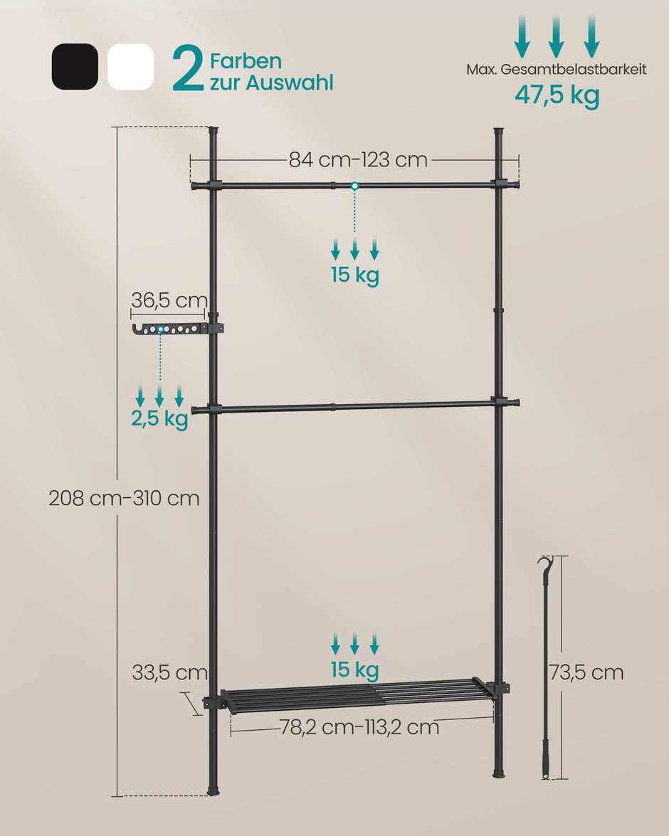 Kleidungsständer - von Boden zu Decke - mit mattem schwarzem Regal