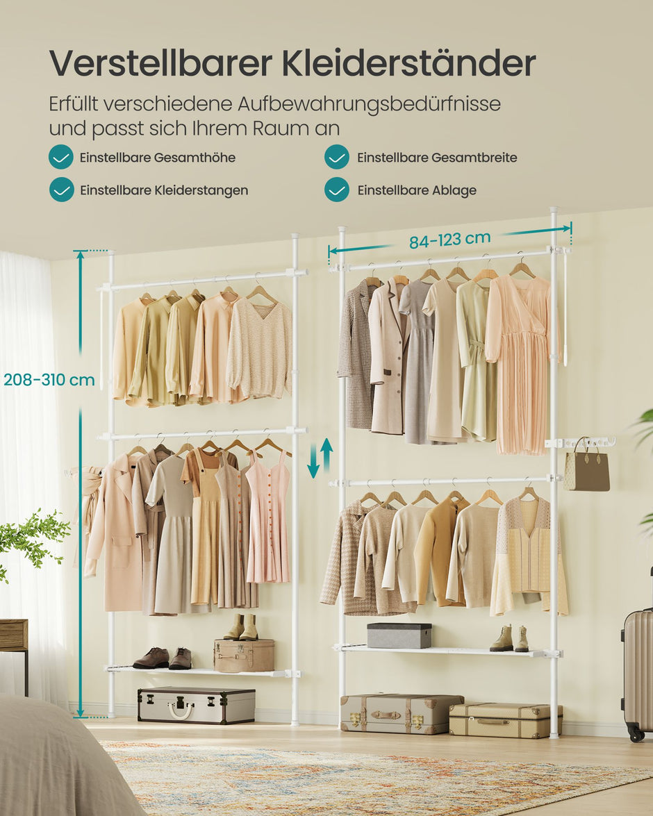 Kleidungsständer - von Boden zu Decke - mit mattem weißen Regal