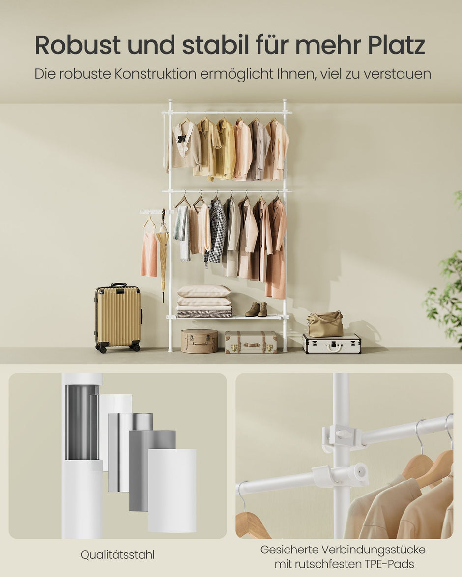 Kleidungsständer - von Boden zu Decke - mit mattem weißen Regal