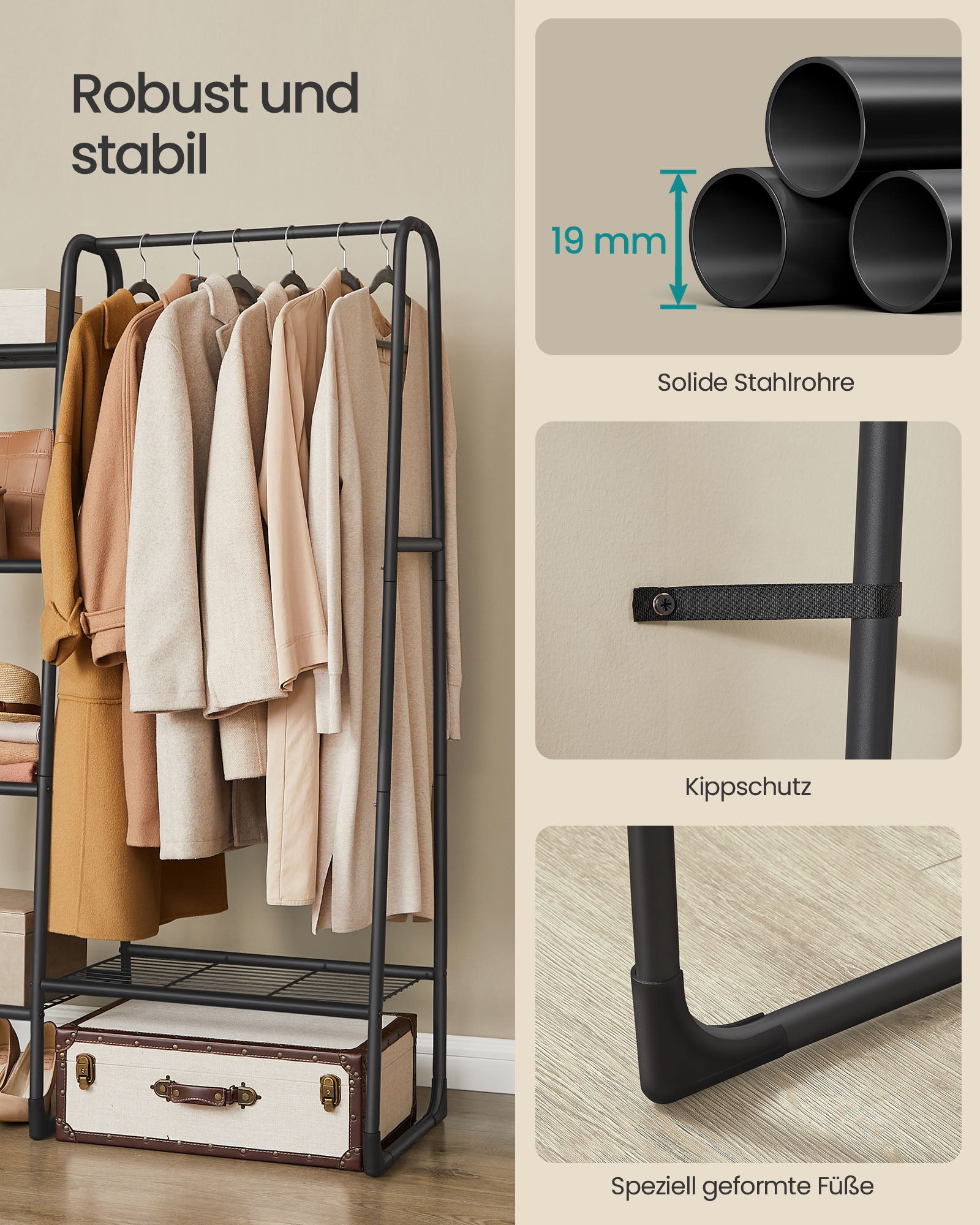 Kleidungsständer mit 5 Regalen und Stahlrahmen -Tinte -Black