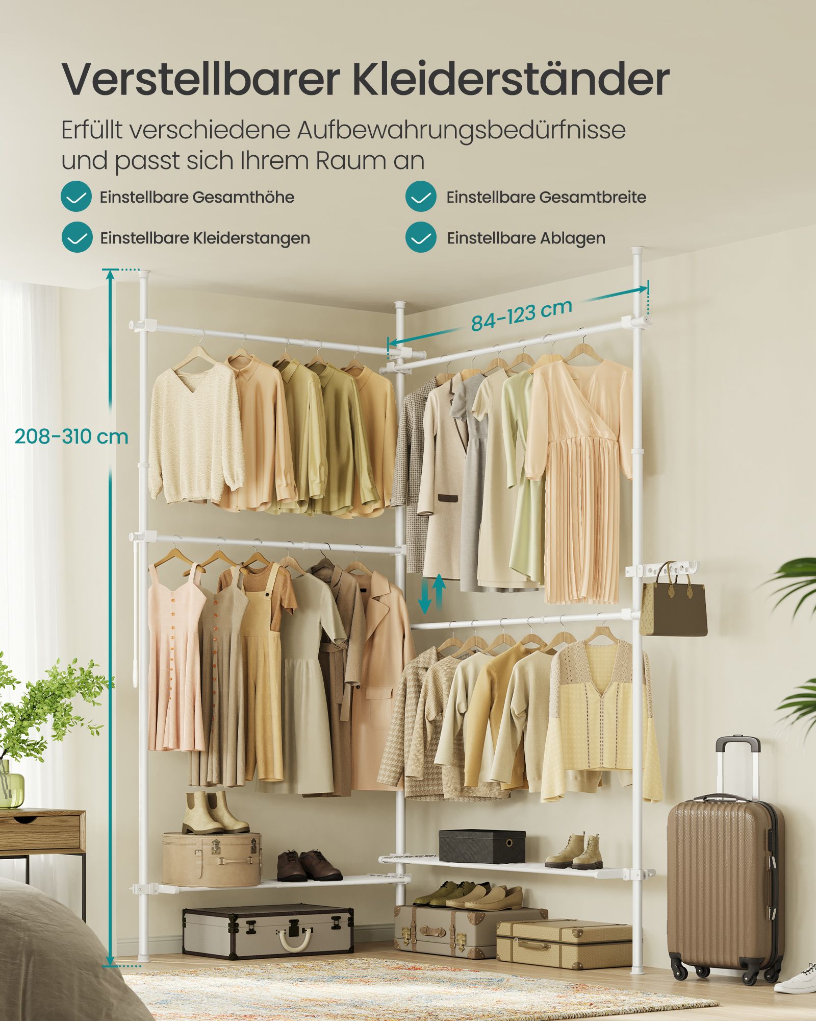 Kleidungsregal - 33,5 × (162–238) × (208–310) cm - Matt Weiß