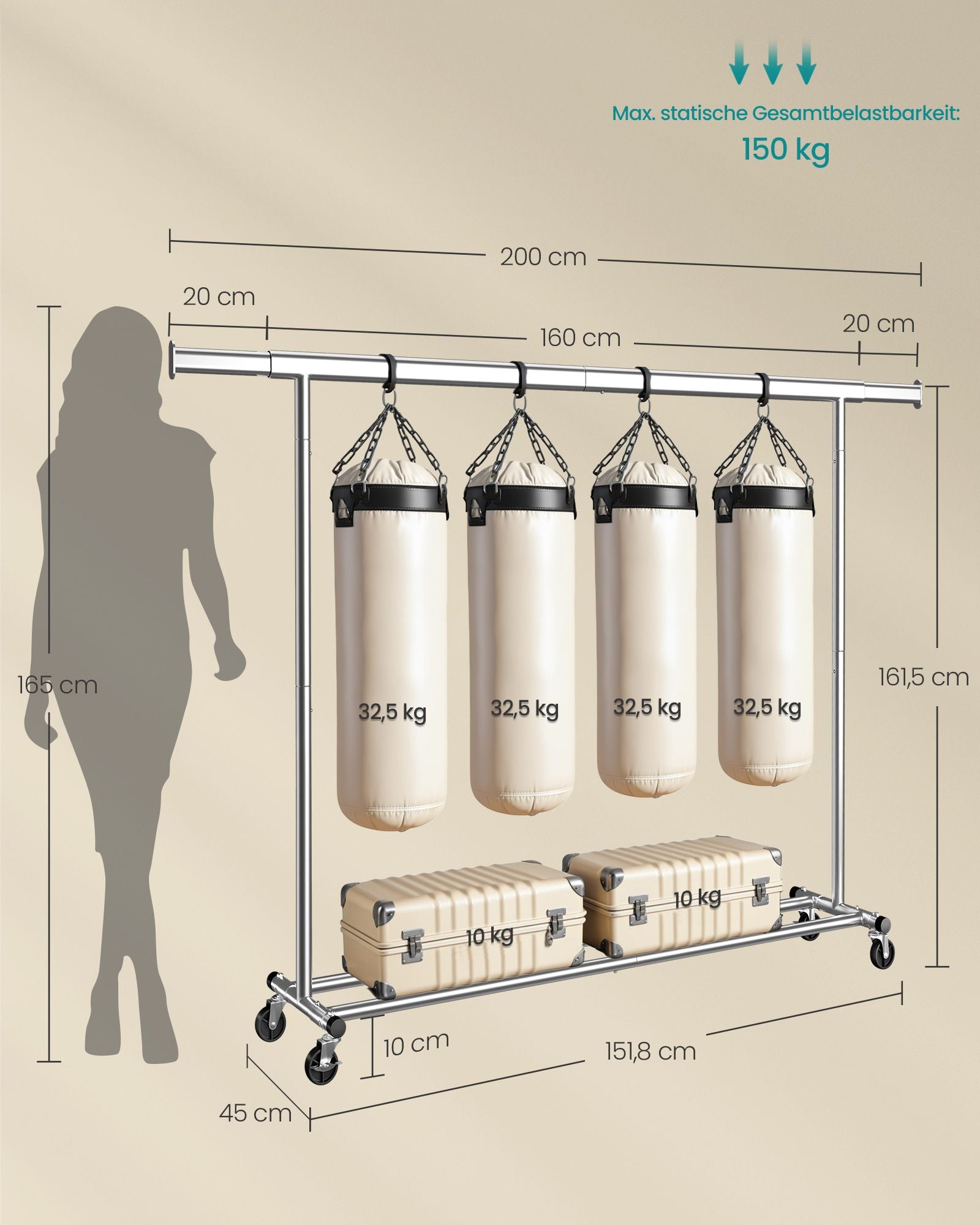 Kleidungsständer auf Rädern mit ausziehbarer Kleidungsstange, Silber
