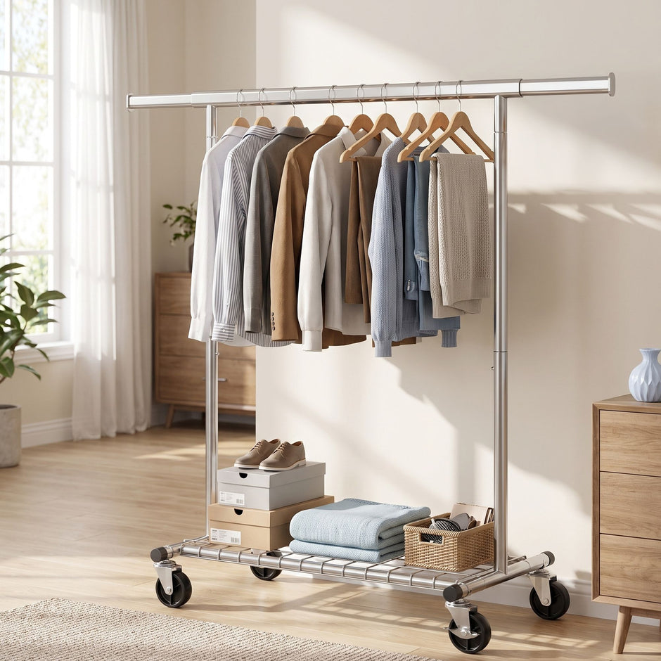 Kledingrek op Wieltjes – Uitschuifbaar 92-132 cm – Met Onderplank – Tot 180 kg – Zilver
