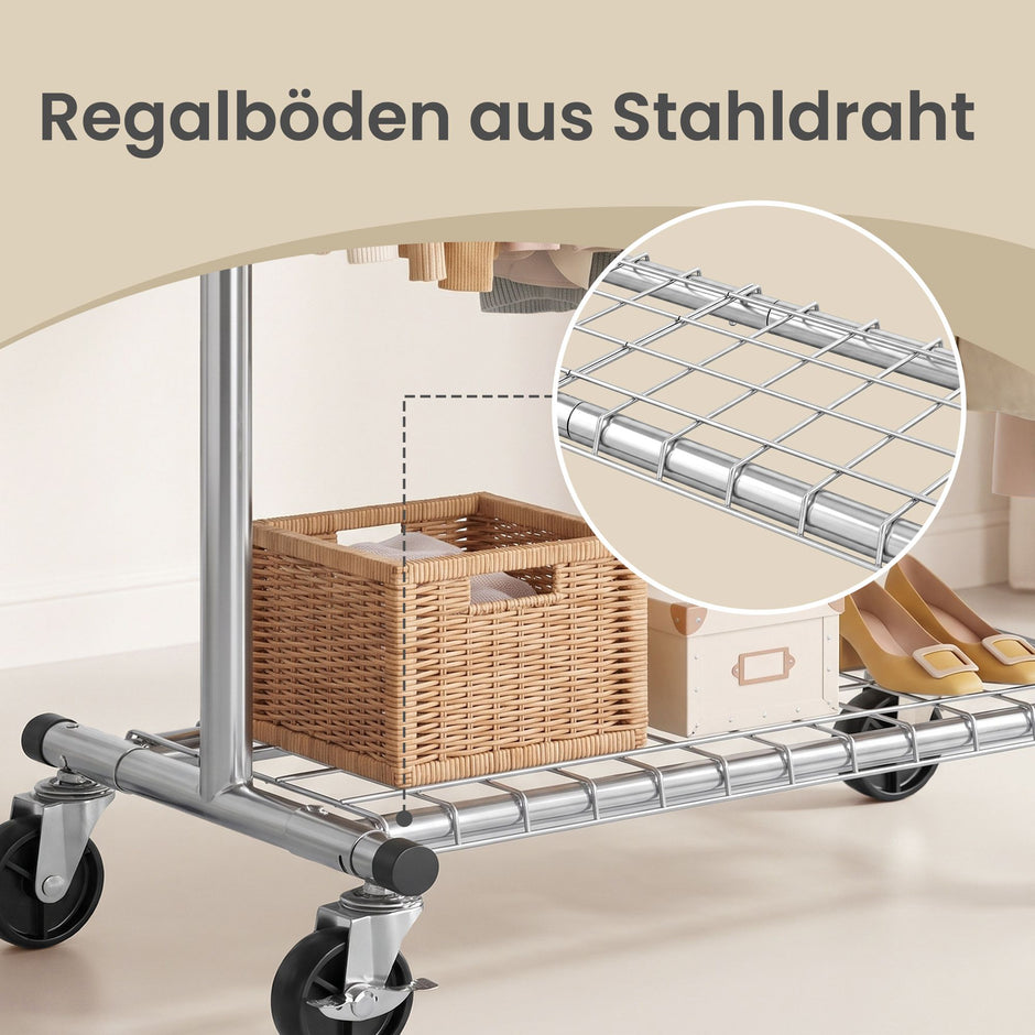 Kledingrek op Wieltjes – Uitschuifbaar 92-132 cm – Met Onderplank – Tot 180 kg – Zilver