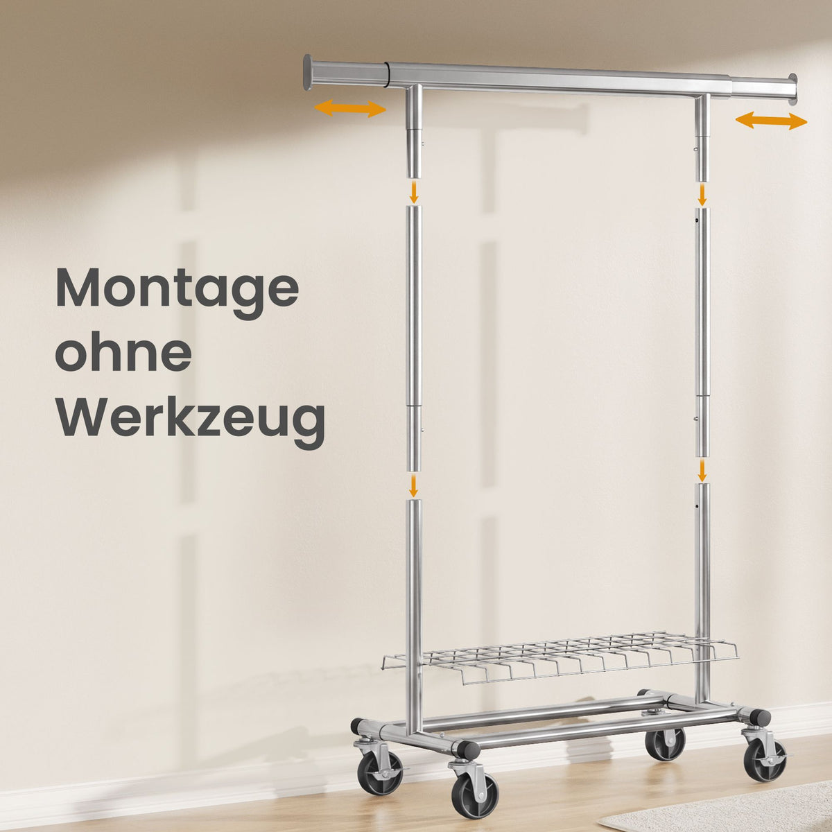 Kledingrek op Wieltjes – Uitschuifbaar 92-132 cm – Met Onderplank – Tot 180 kg – Zilver