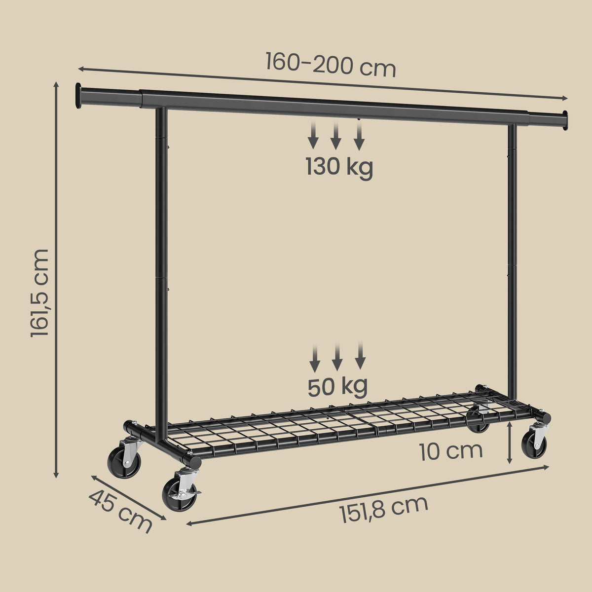 Kledingrek op Wieltjes – Uitschuifbaar 160-200 cm – Met Onderplank – Tot 180 kg – Zwart