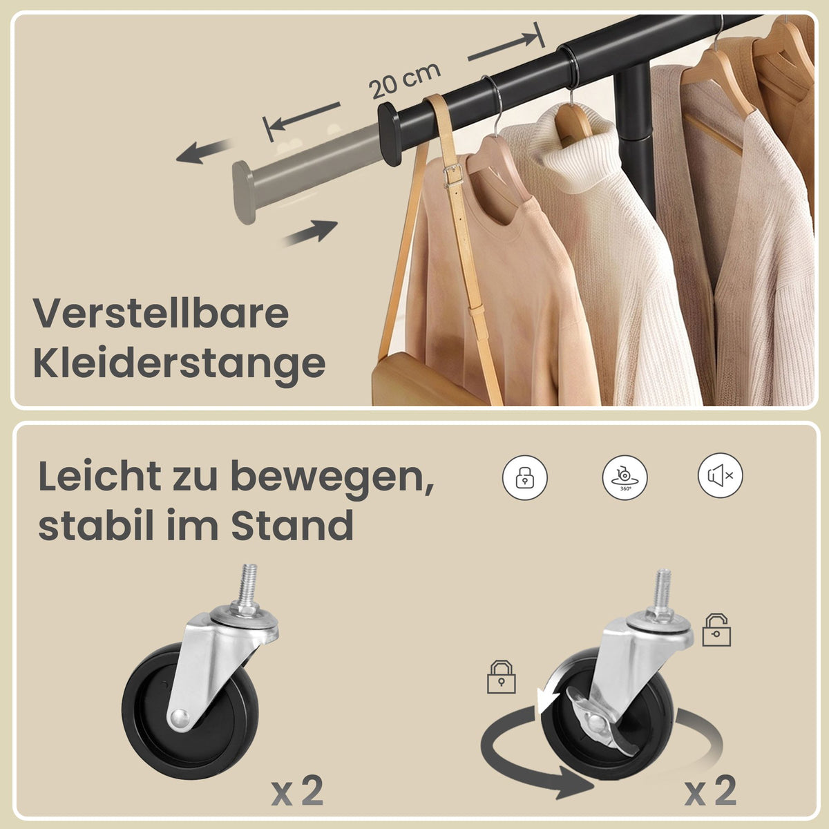Kledingrek op Wieltjes – Uitschuifbaar 160-200 cm – Met Onderplank – Tot 180 kg – Zwart