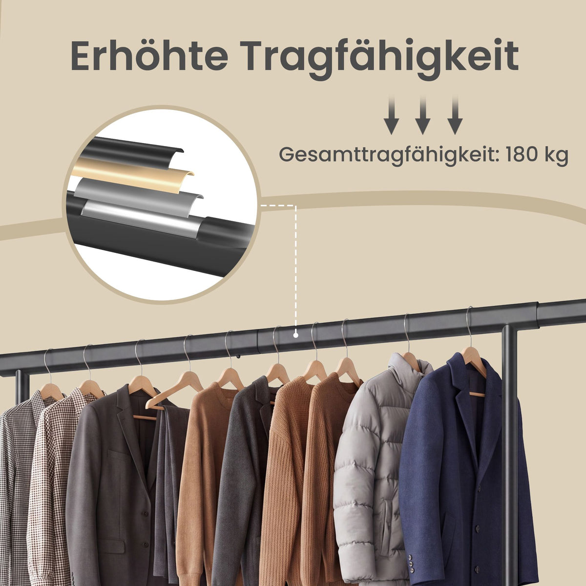 Kledingrek op Wieltjes – Uitschuifbaar 160-200 cm – Met Onderplank – Tot 180 kg – Zwart