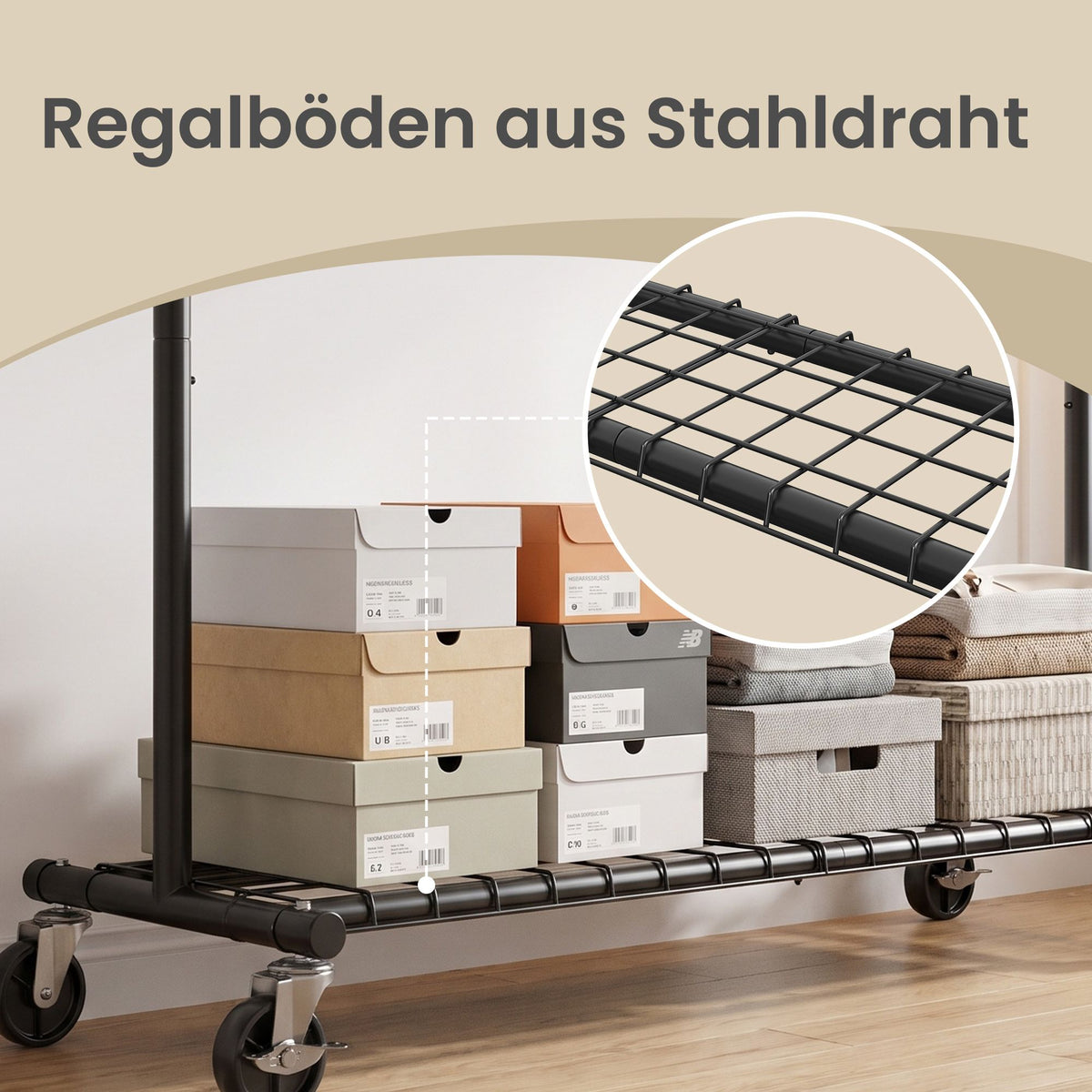 Kledingrek op Wieltjes – Uitschuifbaar 160-200 cm – Met Onderplank – Tot 180 kg – Zwart