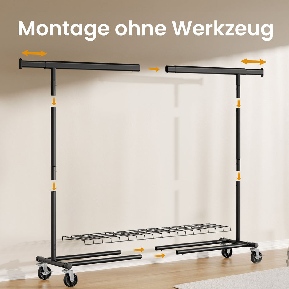 Kledingrek op Wieltjes – Uitschuifbaar 160-200 cm – Met Onderplank – Tot 180 kg – Zwart