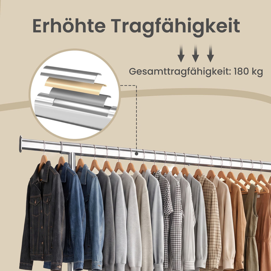 Kledingrek op Wieltjes – Uitschuifbaar 160-200 cm – Met Onderplank – Tot 180 kg – Zilver