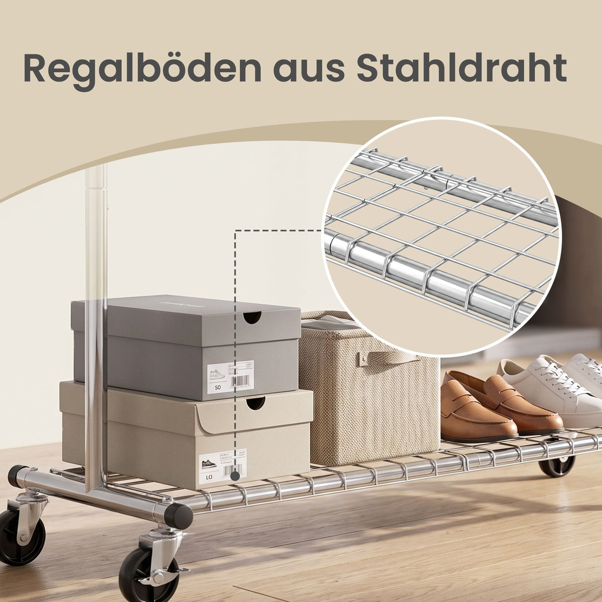 Kledingrek op Wieltjes – Uitschuifbaar 160-200 cm – Met Onderplank – Tot 180 kg – Zilver