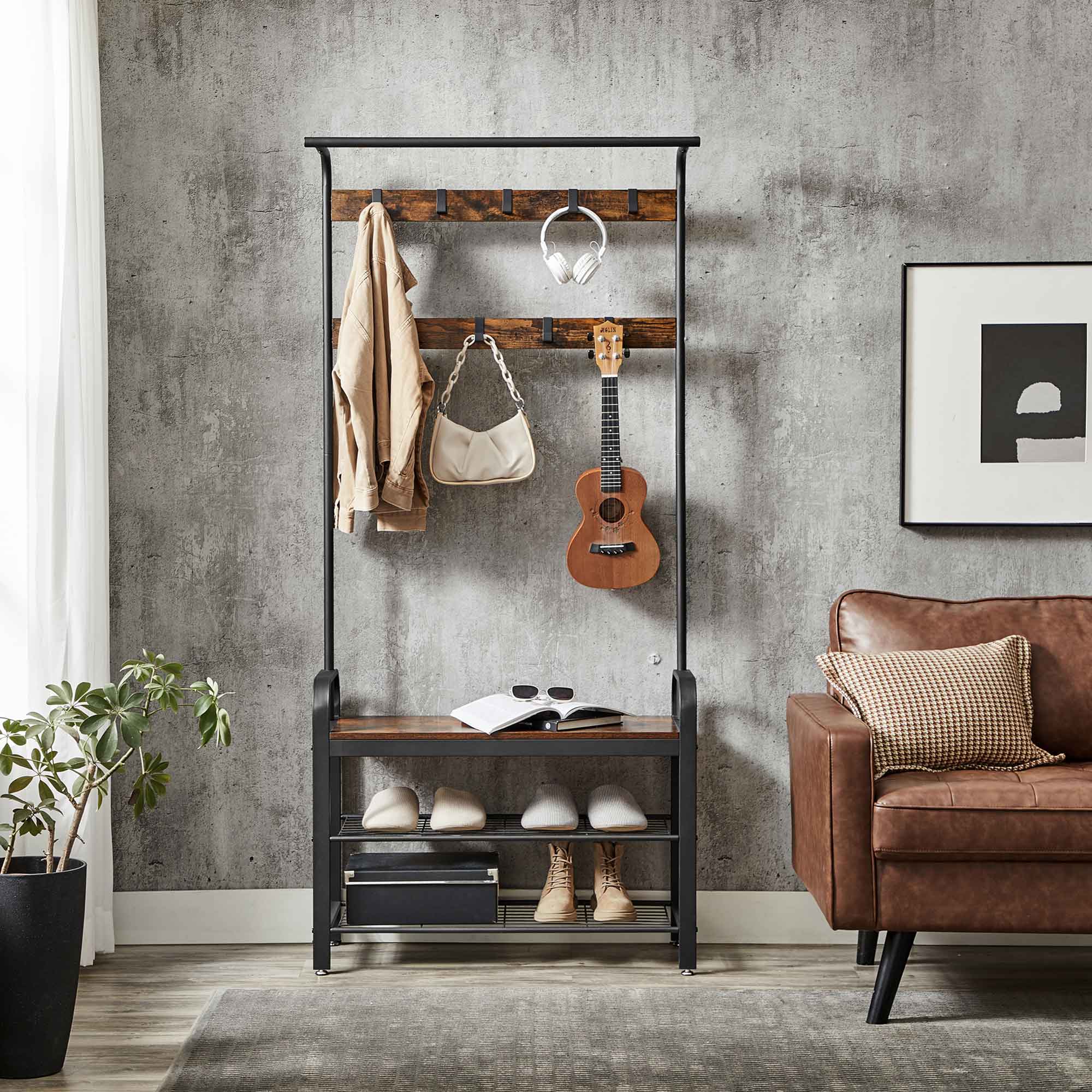 Kleiderregal - mit Sofa - Kleidungsregal mit 9 abnehmbaren Haken - 2 Gaze -Bretter - braun