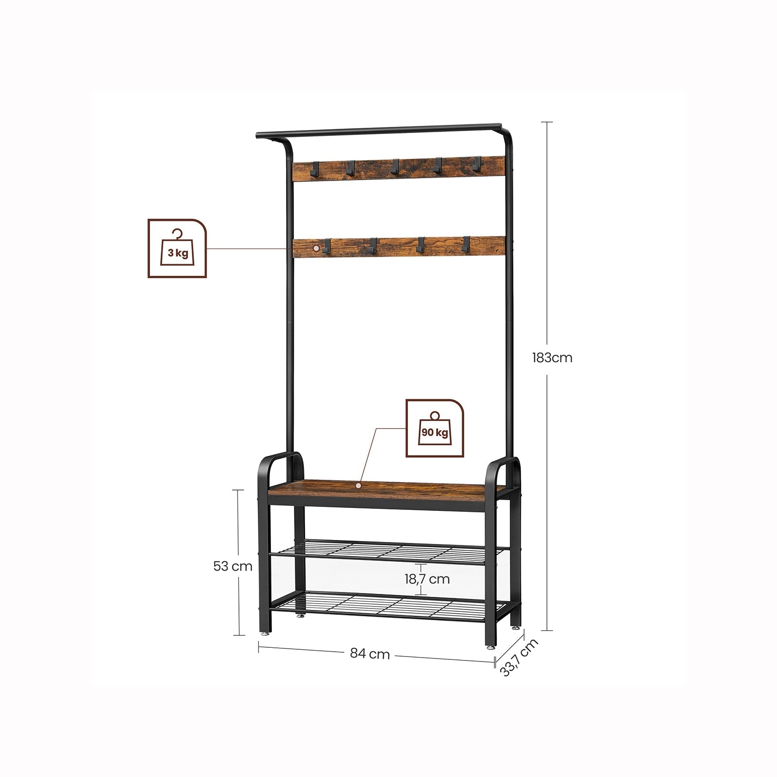 Kleiderregal - mit Sofa - Kleidungsregal mit 9 abnehmbaren Haken - 2 Gaze -Bretter - braun