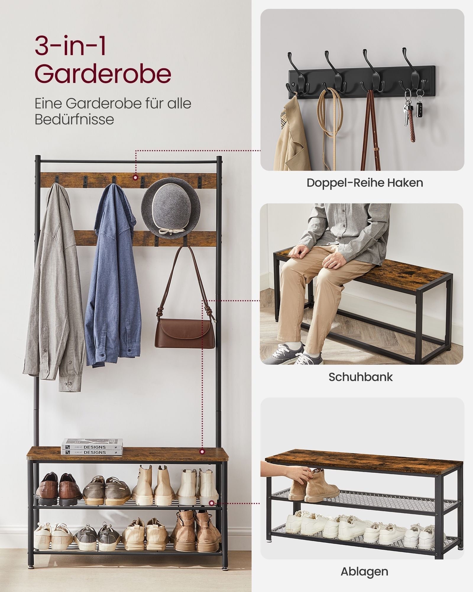 Kleiderregal - mit Sofa - Kleidungsregal mit 9 abnehmbaren Haken - 2 Gaze -Bretter - braun