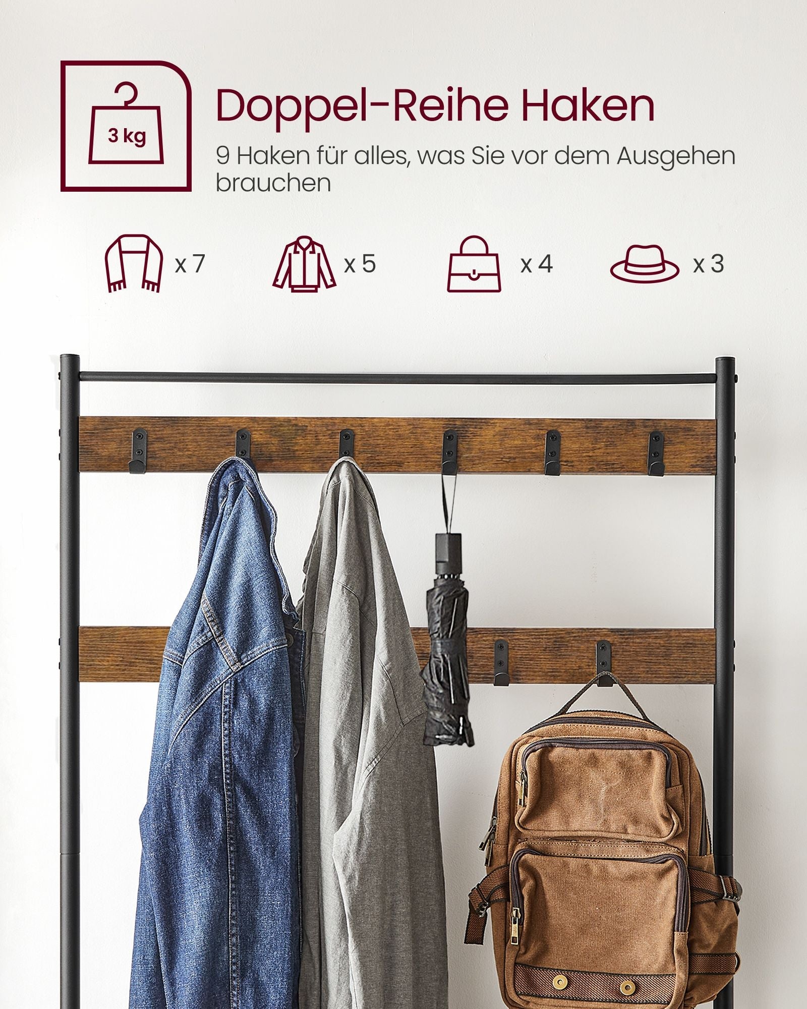 Kleiderregal - mit Sofa - Kleidungsregal mit 9 abnehmbaren Haken - 2 Gaze -Bretter - braun