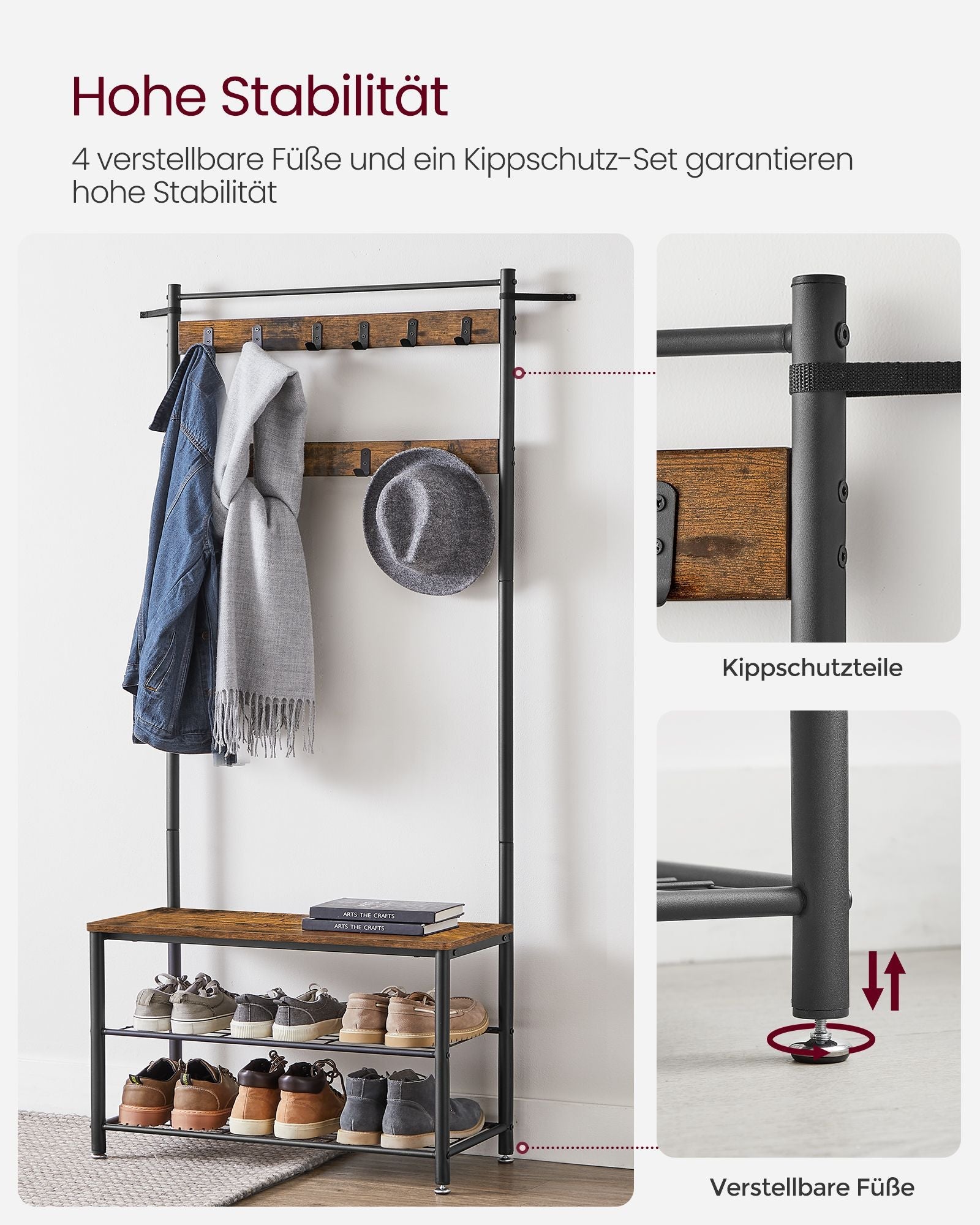 Kleiderregal - mit Sofa - Kleidungsregal mit 9 abnehmbaren Haken - 2 Gaze -Bretter - braun