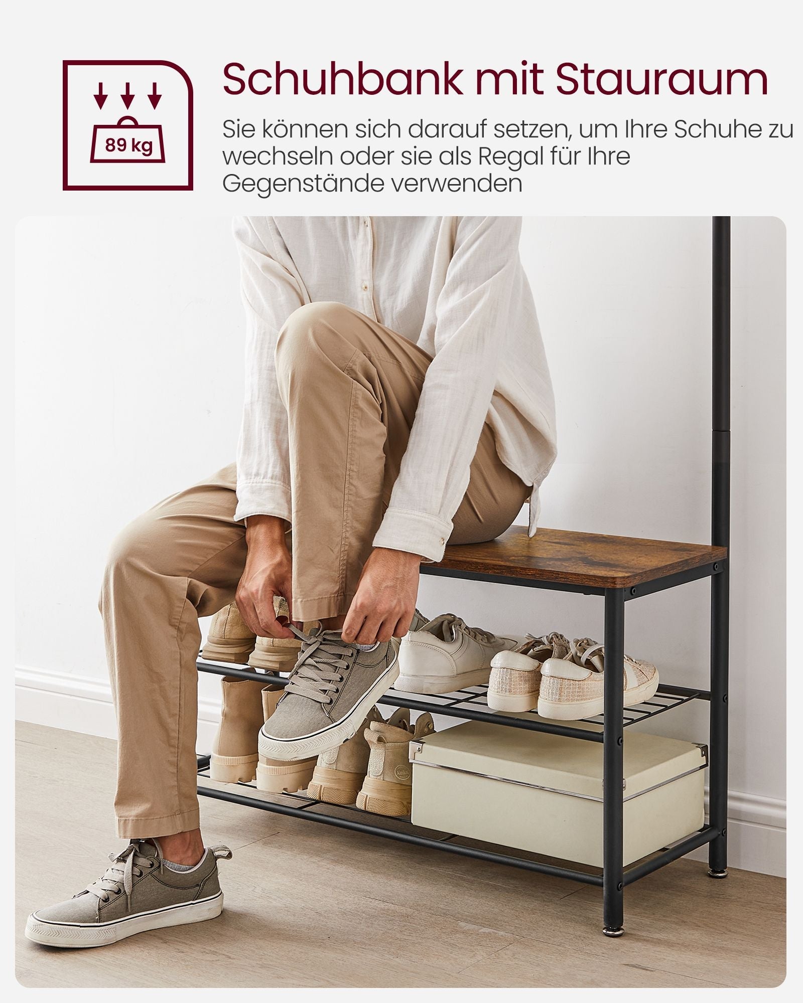 Kleiderregal - mit Sofa - Kleidungsregal mit 9 abnehmbaren Haken - 2 Gaze -Bretter - braun