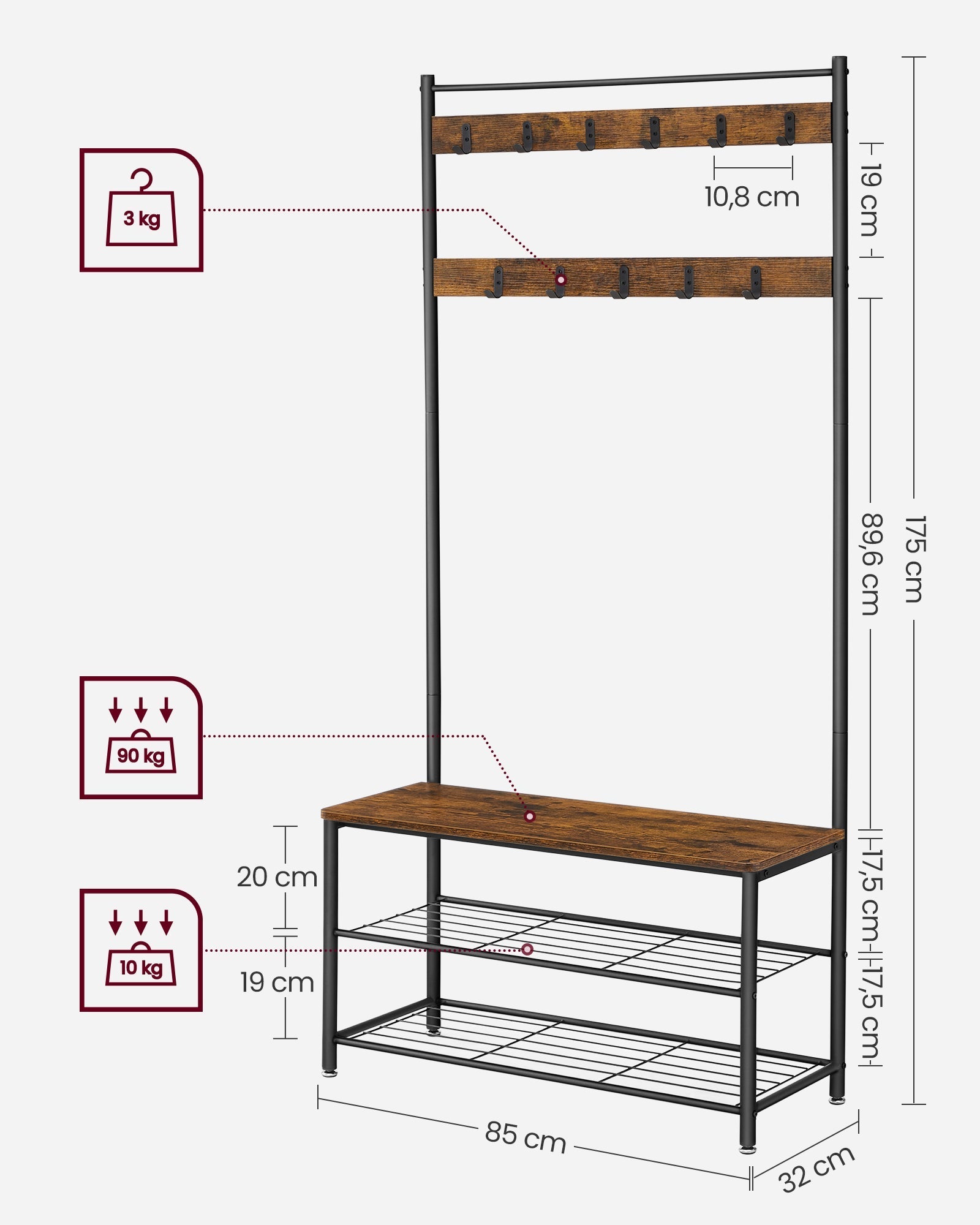 Kleiderregal - mit Sofa - Kleidungsregal mit 9 abnehmbaren Haken - 2 Gaze -Bretter - braun