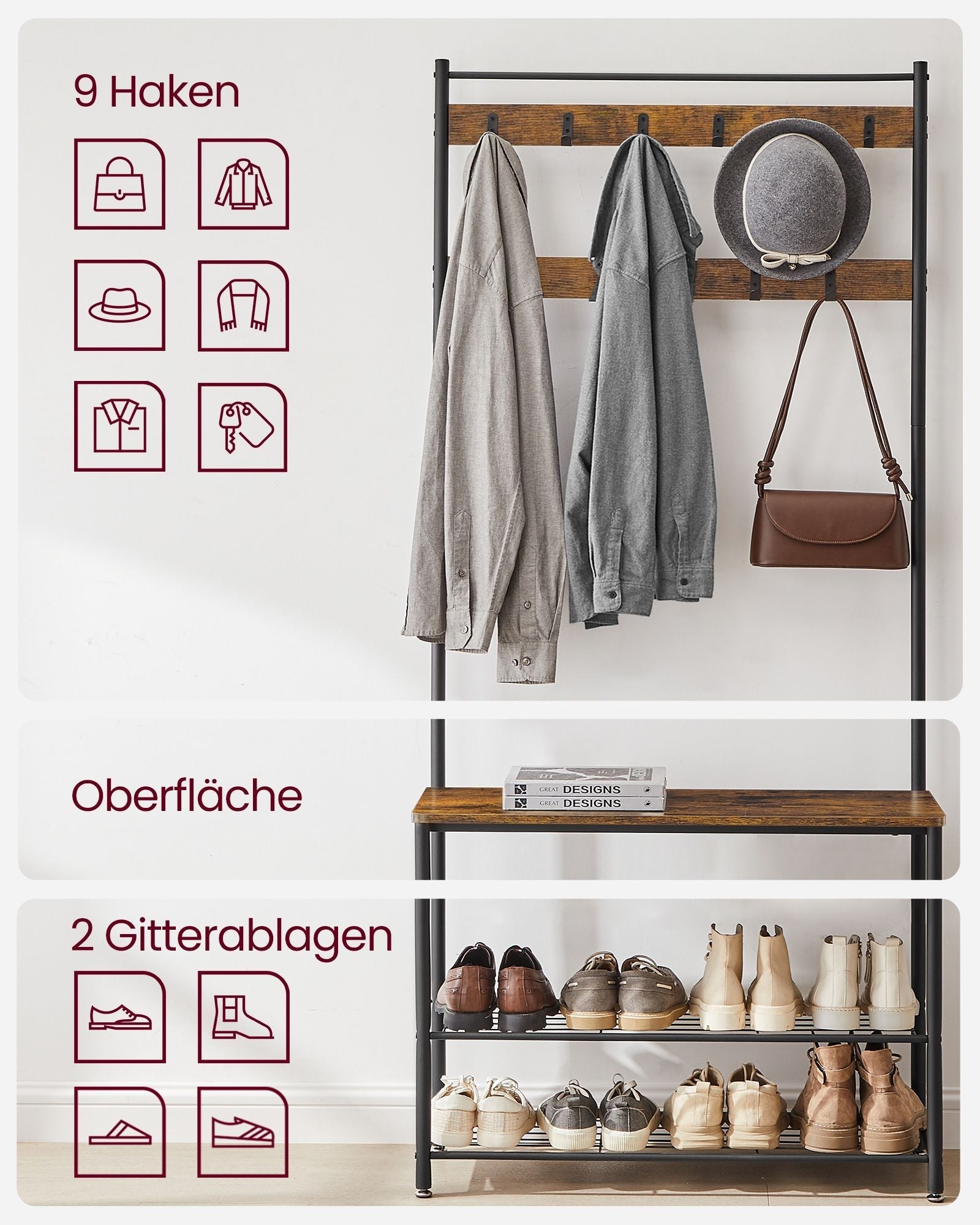 Kleiderregal - mit Sofa - Kleidungsregal mit 9 abnehmbaren Haken - 2 Gaze -Bretter - braun