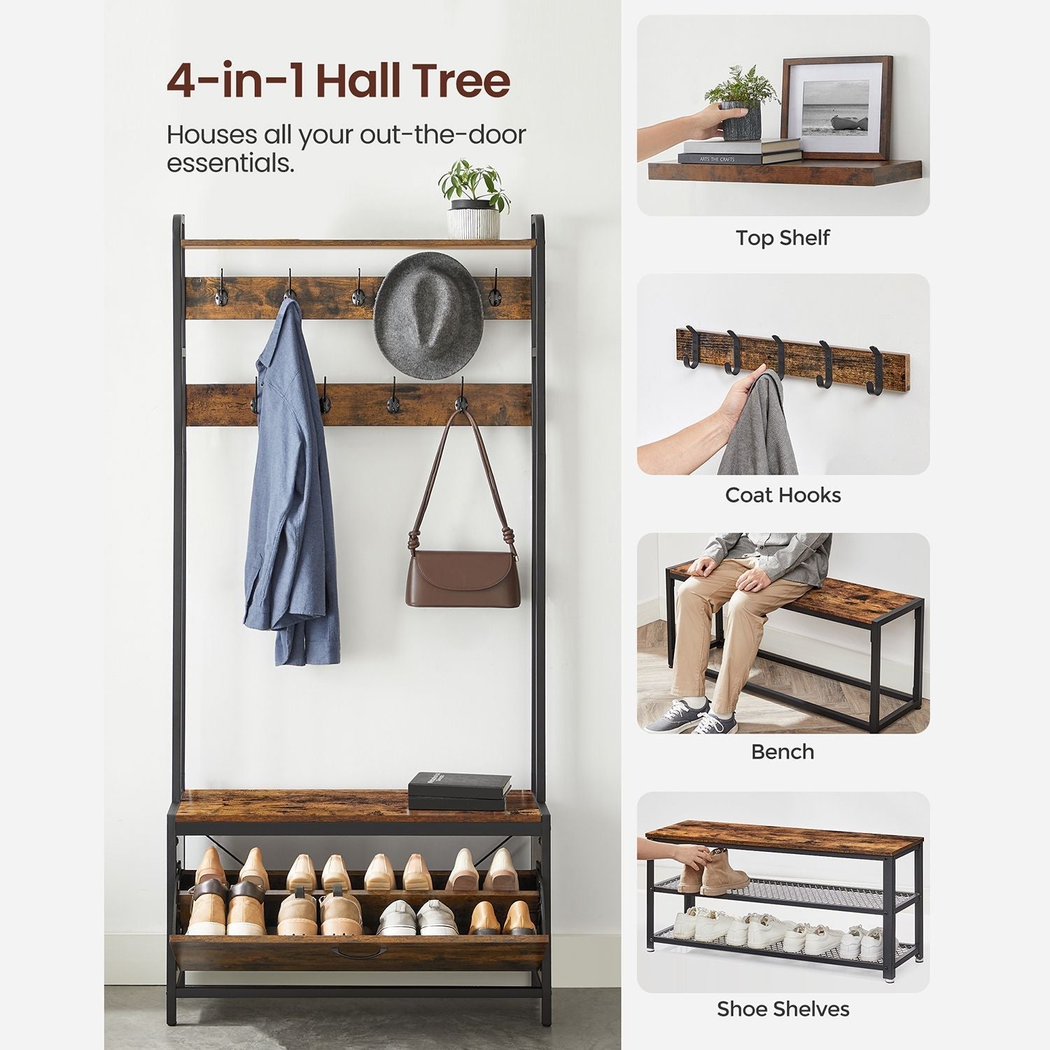 Kleiderregal - Garderobe mit Schuhschrank und Bank - Kleidung Rack - Schuhspeicher - Vintage Brown